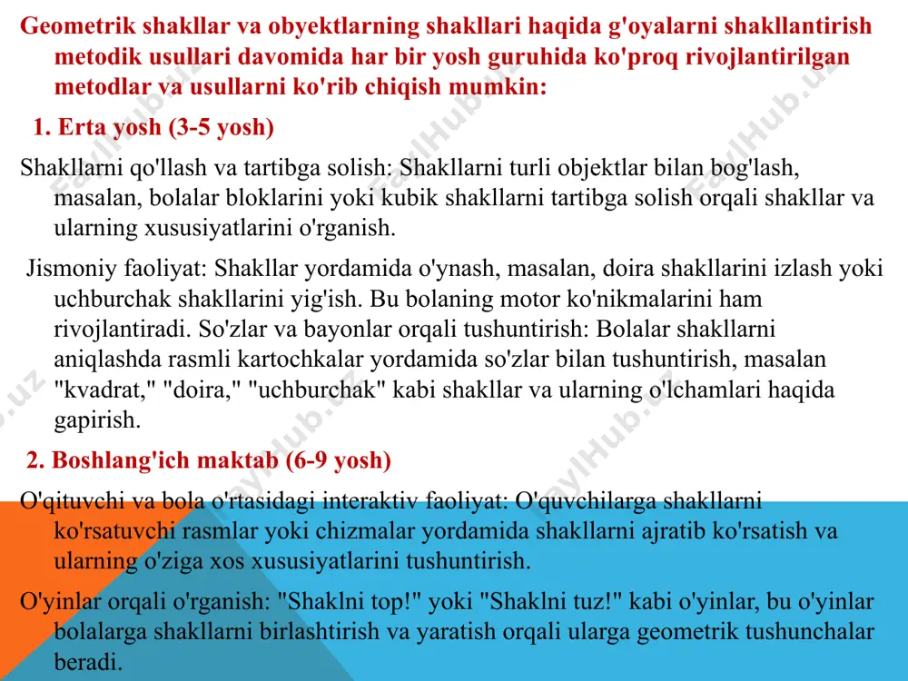 urli shakllarni chizishadi (masalan, to‘g‘ri burchak, doira, uchburchak va boshqalar) va ularni ranglar bilan bezashadi. har bir shaklni chizishda unga tegishli xususiyatlar haqida gapirishni so‘raysiz. 5. shakllarni birlashtirish o‘yini ma'lumot: turli shakllarni birlashtirib yangi shakllarni yaratish. mashg‘ulot: o‘yin: bolalar turli geometrik shakllarni birlashtirish orqali yangi shakllar yaratadilar. masalan, kvadrat va uchburchakdan yangi shakl qurish. savollar: "bu shakl qanday shaklga o‘xshaydi?", "shaklni qanday tuzishni boshlaysiz?" kabi savollar bolalarning ijodiy fikrlashlarini rivojlantiradi. 6. shakllarni xotira o‘yini ma'lumot: shakllarni ko‘rish va eslab qolish qobiliyatini oshirish. mashg‘ulot: o‘yin: bolalarga shakllar kartochkalarini bir nechta soniya davomida ko‘rsatib, keyin ularni yopin. bolalar eslab qolgan shakllarni chizishlari yoki kartochkalardan to‘g‘ri shakllarni tanlashlari kerak. 5. shakllarni birlashtirish o‘yini ma'lumot: turli shakllarni birlashtirib yangi shakllarni yaratish. mashg‘ulot: o‘yin: bolalar turli geometrik shakllarni birlashtirish orqali yangi shakllar yaratadilar. masalan, kvadrat va uchburchakdan yangi shakl qurish.savollar: "bu shakl qanday shaklga o‘xshaydi?", "shaklni qanday tuzishni boshlaysiz?" kabi savollar bolalarning ijodiy fikrlashlarini rivojlantiradi. …