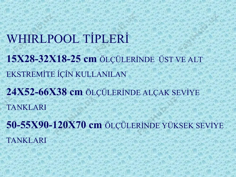 rı veya bozuklukları kelebek banyosu ( hubbard tank) bütün vücudun içine girip kolaylıkla hareket edebileceği büyüklük ve şekildeki banyo tanklarıdır. kelebek banyoları, su içi egzersizleri daldırma banyosu hidromasaj yürüme egzersizleri kullanim amaçlari kas spazmı ve ağrıyı azaltmak kas gruplarının gevşemesini sağlamak artritli hastalarda sıcak ve egzersizin etkilerinden yaralanmak yanık hastalarında ağrısız egzersiz yaptırmak, dolanımı artırmak nörolojik hastalarda egzersiz yaptırmak avantajlari havuzda yapılan pek çok egzersizleri tankta yapmak mümkündür. tank daha ucuzdur. terapist suya girmek zorunda değildir. tank havuza oranla daha küçük yer kapladığı için her yere yerleştirilebilir. su sıcaklığı daha kolay ayarlanabilir. dezavantajlari suyun kaldırma kuvveti daha azdır. bazı egzersizler yapılamaz terapistler için ergonomik değildir. hastanın maniplasyonu zordur. uygulama- uygulama alani su i̇çi̇ egzersi̇zleri̇ aktif, aktif yardımlı, suyun kaldırma kuvvetinden faydalanarak hastanın kendi kendine yaptığı egzersizler (aşaği-yukari) su yüzeyinde yapılan suyun kaldırma kuvvetinden faydalanarak hastanın kendi kendine yaptığı aktif lateral hareketler (yana-açma) su üstünde yapılan aktif egzersizler aktif dirençli egzersizler …