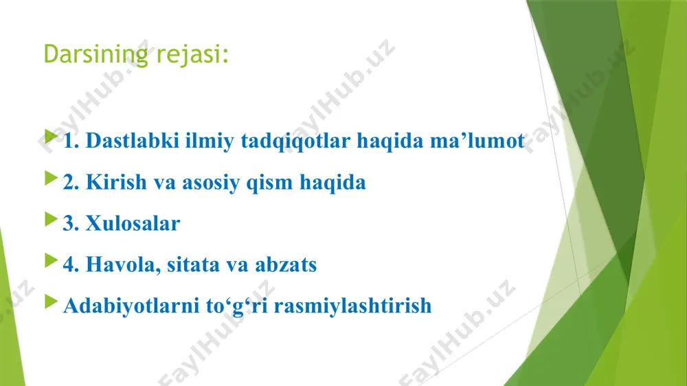 eng muhim ma’lumotlarni berishingiz yoki mavzuga to‘liqroq to‘xtalib o‘tishingiz mumkin. odatda, xulosada asosiy fikrlarni qo‘shimcha qismdan (keltirilgan misollar va ularning isbotlaridan) xoli tarzda yozishga e’tibor qaratiladi. perefrazalash va xulosalash odatda birga ishlatiladi. xulosalashning maqsadi ma’lumotni mutanosib hajmga keltirish bo‘lsa, perefrazalash esa muhim ma’lumotlarni boshqacha shaklda berib o‘tishdan iborat. havolalarni qo‘llash qay darajada ahamiyatli? havola va sitatalar qo‘llanilishining 3 ta asosiy sababi mavjud: siz mavzuni bir qancha adabiyotlarni o‘qib-o‘rgangan holda izlanish olib borganingiz va uni yoritganingizni ko‘rsatish (bu sizning esseingiz qadrini oshiradi). esseni o‘qigan shaxs mavzu to‘g‘risida ko‘proq ma’lumot olgisi kelgan taqdirda, havoladan foydalanishiga imkon yaratish. ko‘chirmachilikning oldini olish. havola (ma’lumot olingan manbani keltirib o‘tish) va sitatalar sitata va havolalar. foydalangan ma’lumotlaringiz manbalarini to‘g‘ri ko‘rsatilishi muhim hisoblanadi. siz buni ikki xil usulda amalga oshirishingiz mumkin. ikki usulda ham kurs ishi oxirida foydalanilgan havola va sitatalatni qaytadan keltirib o‘tilishi lozim. abzatslarni tashkil qilish. abzats bir mavzuga bog‘liq bo‘lgan holda, bir necha gaplardan …