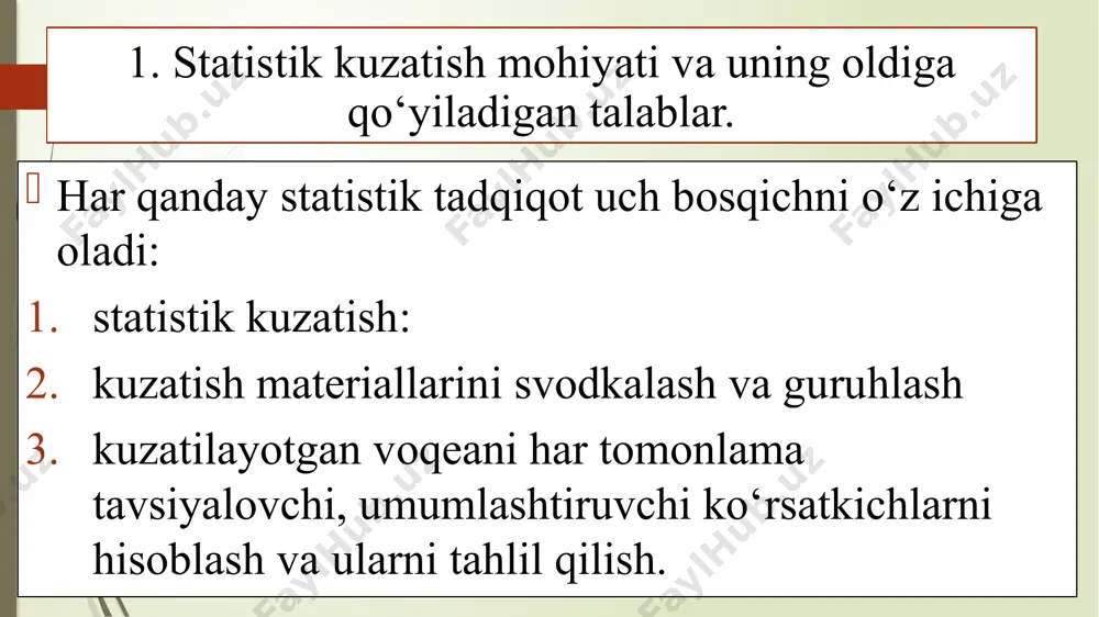 ish obyekti bilan bir qatorda uning subyekti mavjud. kuzatish subyekti - bu o‘rganilayotgan hodisalar haqidagi ma’lumotlarni qayd qiluvchi va to‘plovchi yuridik yoki jismoniy shaxs. masalan, mikroiqtisodiy statistikada kuzatish subyekti - bu har bir korxona, tashkilot, muassasa va uy xo‘jaligidir. kuzatish birligi - bu kuzatish obyektining mustaqil bo‘linmas tarkibiy qismi (birligi) bo‘lib, uning muhim belgilari haqida ma’lumotlar olinadi. kuzatish birligi deganda, kuzatilayotgan obyektning mustaqil bo‘linmas tarkibiy unsuri, birligi tushuniladi. kuzatish jarayonida uning muhim belgilari haqida ma’lumotlar olinadi. masalan, sanoat faoliyati tekshirilayotganda har bir korxona va firma, qishloq xo‘jaligini o‘rganilayotganda har bir shirkat xo‘jaligi, dehqon va fermer xo‘jaligi kuzatish birligi hisoblanadi. ayrim hodisalarni tekshirishda kuzatish birligi bilan birga hisob birligi ham belgilanadi. masalan, chorva ro‘yxatida har bir turi haqida, asbob-uskunalar ro‘yxatida esa har bir mashina, stanok va boshqa asbob-uskunalar haqida batafsil ma’lumotlar to‘planadi. bu holda ho‘jalik, korxona kuzatish birligi bo‘lsa, uning qayd qilinadigan har bir belgisi hisob birligidir. kuzatish dasturi - bu …