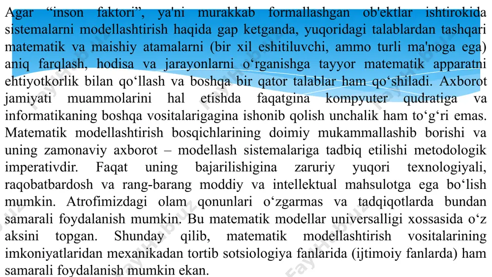 r taxminan, 18-asrdan qo‘llanila boshlandi. f.kenening “iqtisodiy jadvallar”ida birinchi marta butun ijtimoiy takror ishlab chiqarish jarayonining shakllanishini ko‘rsatishiga harakat qilingan. iqtisodiy tizimlarning turli faoliyat yo‘nalishlarini o‘rganish uchun har xil modellardan foydalaniladi. iqtisodiy taraqqiyotning eng umumiy qonuniyatlari xalq xo‘jaligi modellari yordamida tekshiriladi. turli murakkab ko‘rsatkichlar, jumladan, milliy daromad, ish bilan bandlik, iste'mol, jamg‘armalar, investitsiya ko‘rsatkichlarining dinamikasi va nisbatini tahlil qilish, uni oldindan aytib berish uchun katta iqtisodiy modellar qo‘llaniladi. aniq xo‘jalik vaziyatlarini tekshirishda kichik iqtisodiy tizimlardan, murakkab iqtisodiy tizimlarni tekshirishda, asosan, matematik modellardan foydalaniladi. asosiy maqsadi : modellashtirish jarayonining umumiy qoidalarini, irrigatsiya va melioratsiya masalalarini, yer tuzish va yer kadastri masalalarining matematik modelini qurish hamda ularni echish usullarini o’rganish asosiy vazifasi : irrigatsiya va melioratsiya masalalarini shaxsiy kompyuter yordamida echish va olingan natijalarni tahlil qilish ko’nikmalarini hosil qilish. matematik usullar va modellar fanining asosiy maqsad va vazifalari nimalardan iborat? оb’ekt deganda har xil xossa va xususiyatlarga ega bo’lgan tabiatning biror elementi …