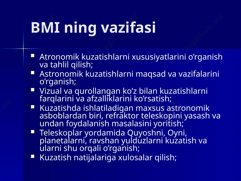 tb yulduzi va gorizontning tomonlarini aniqlash. osmonning surilma xaritasidan foydalangan xolda yorug’ yulduzlarga ega bo’lgan yulduz turkumlarini topish; 2.yulduzlarning sutkalik ko’rinma xarakatlarini kuzatish, kul’minasiyalarini aniqlash; 3. qutb yulduzini topish, joyning geografik kengligini aniqlash; 4. asosiy yulduz turkumlarining konturlari (chegaralari) va ularni gorizontga nisbatan joylashishlarini kuzatish payti uchun aniqlash; 5. somon yo’lini va kuzatish paytida osmonda ko’rinishi mumkin bo’lgan planetalarni kuzatish. ikkinchi kechki kuzatish darsi: 1. surilma xaritadan foydalanib, osmonda oriyentatsiya qilishni o’rganish. yulduzlarning vaziyatlariga nisbatan oyning o’rnini aniqlash va uni teleskopda kuzatish. 2. asosiy yulduz turkumlarining konturlarini o’rganish (1- kechki kuzatish qo’shimcha). 3. yulduzlar rangi va ravshanligini baholash. 4. planetalar o’rinlarini aniqlash va teleskoplarda kuzatish. uchinchi (kunduzgi) kuzatish darsi: bu dars quyoshni kuzatishga bag’ishlangan bo’lib, bunday kuzatish tartibibini qo’yidagicha rejalashtirish mumkin: 1. quyosh diskini chetga tomon qorayishini kuzatish; 2. fotosfera mashallarini kuzatish; 3. dog’larni kuzatish. to’rtinchi (kechki) kuzatish darsi: 1.surilma kartadan foydalanib, yulduzlarga qarab orientasiyalanishini va asosiy yulduz turkumlarini konturlarini …
