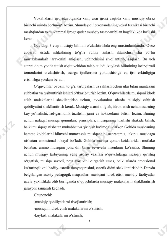 ada yurgizishning boshlang‘ich asoslari vujudga keladi. musiqiy tarbiya tushunchasini keng va tor ma'nolarda tushunish mumkin. keng ma'noda-insonning ruhiy ehtiyojlarini, axloqiy tasavvurlarini, g‘oyaviy emotsional tafakkurlarini va hayotiy voqeliklarni estetik baholash xissini shakllantiradi. tor ma'noda-bu musiqani idrok etish qobiliyatini shakllantirish tushuniladi. idrok etish qobiliyati musiqaning turli xil jarayonlarida amalga oshiriladi. musiqani emotsional xis etish, uning mazmun mohiyatini anglash musiqiy madaniyatga ega bo‘lgan shaxsga xos fazilatdir. zero, musiqa o’quvchilarni estetik jixatdan tarbiyalaydi, ularda dunyoga nisbatan o‘ziga xos «shaxsiy nuqtai nazar» tarkib topadi, unga (dunyoga) faol va ijodiy ko‘z bilan qarash xissi shakllana boradi. musiqa alohida shaxsga va keng jamoaga ham birdek ta'sir qiladi (emotsional, ijodiy, estetik, g‘oyaviy, pedagogik, fiziologik va hokazo). bu haqida musiqa madaniyati o’qituvchisi doim unutmay, bir xususiyatni shakllantirish hisobiga, boshqasini chegaralab o‘tmagan holda dars o‘tmog‘i lozim. 2.vokal-xor malakalarini shakllantirishning maqsadi. musiqa ta'limining katta e'tibor bergan o‘rta osiyolik mashhur musiqachilar orasidagi olim al-farobiy yosh avlodni tarbiyalash o‘qitish masalalariga ko‘plab ilmiy va …