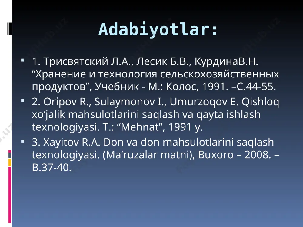 qismi kraxmal va oqsil moddalar bilan tо‘lgan. endospermning chetidagi qavati aleyron qavat deb yuritiladi. murtak donning asosida joylashgan bо‘lib, bо‘lajak о‘simlik kurtaklaridan iborat. bug‘doy doni vaznining 81-84,2% i endosperm, 6,8-8,6% i aleyron qavat, 1,4-3,2% i murtak va 3,1-5,6% i pо‘stdan iborat bо‘ladi. * arpa donining uzunasiga kesimi: 1-ildizcha; 2-embrional barg kurtaklari; 3-ildiz kurtaklari; 4-assimilyatsiya epiteliyasi; 5-ustunli skutellum; 6-asos; 7-gul qobiq; 8-meva va urug’ qobiqlari; 9-; 10-aleyron qatlam; 11-kraxmalli to’qima; 12-eruvchi kraxmal to’qimalari. * javdar donining uzunasiga kesimi: a-murtak; b-qalqoncha; 1, 2, 3, 4-meva qobiq qavatlari, 5, 6-urug’ qobiqlari; 7-aleyron qatlam; 8-endosperm. * suli donining uzunasiga kesimi: 1-murtak; 2-endosperm; 3- aleyron qatlami; 4-urug' qobig'i; 5- meva qobiq 7 va tuklari * makkajo‘xori donining uzunasiga kesimi * tariq donining ko‘ndalang kesimi: 1-murtak; 2-kortik; 3-endosperm; 4-aleyron qatlam; 5-meva va urug ‘ qobiqlari. sholi donining uzunasiga kesimi: 1 - gul qobig'i; 2- endosperm; 3- aleyron qismi; 4- urug‘ qobig'i, 5-gul qobig’i‘; 6-murtak; 7-asosi * …