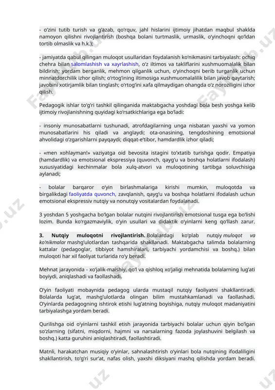 oqotga intilish, muloqot bo‘yicha sheriklarining talabiga javob berish, ijtimoiy jihatdan o‘zini tutishga moslashuvchanlik va xushmuomalalilik kabi xislatlarni tarbiyalamoq zarur. kattalar (ota-onalar, pedagoglar) shuni tushunishlari lozimki, qator holatlarda salbiy muloqot tajribasi bolani biron-bir harakatga undamaydi, balki bolani insoniy munosabatlar olamida o‘zini ko‘rsatishdan «aynitadi», himoya mexanizmlari – o‘zi bilan insoniy olam o‘rtasidagi «devor», atrofdagi olamni «ko‘rmaslik» paydo bo‘lishiga olib kelishi mumkin: bola odamlar haqidagi savollarga javob bermaydi, suratlarda odamlarni «ko‘rmaydi», odamlar va hayvonlarni tasvirlovchi o‘yinchoqlar bilan o‘ynamaydi. muloqotdan faol bosh tortayotgan bolaning dunyosiga qo‘pol aralashish salbiy oqibatlarga va tajovuzga olib keladi. salbiy kechinmalar cho‘qqisida o‘ziga nisbatan tajovuz tug’uladi. bolaga oilada va maktabgacha ta’lim muassasasida psixologik jihatdan qulay bo‘lishi, uning kattalar va tengdoshlari o‘rtasida emotsional jihatdan qulay muhit yaratish, ular bilan o‘zaro munosabatlardan quvonch va zavq olishlari uchun quyidagilar zarur: - bolaga kattalar va tengdoshlarining turli emotsional holatdagi hissiyotlari va kechinmalari olamini ochib berish; - bolaning boshqa bolalar bilan ishongan holatda muloqot qilishi …