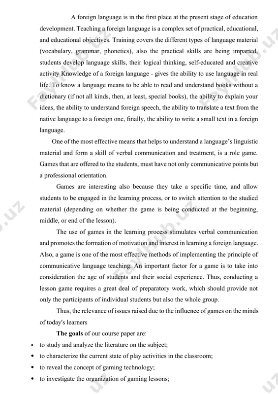 lysis of scientific and methodological literature · modeling of lesson plans · monitor the process of learning · the synthesis of teaching experience · analysis of the learning process results · survey the structure of the work consists of an introduction, 2 chapters, a conclusion, and applications. the introduction has a goal, subject, object, objectives, methods, and sources of research. the first part sets out the theoretical aspects of conducting classes in a form of a game. the second part deals with the modeling of lesson plans according to the found material. the application has materials that are required for the exercises, such as texts, tasks, and examples. the practical significance of this course paper is that its results can be used in teaching lexicology, phraseology, and stylistics. besides the material of the paper can be used for writing course papers and qualification papers. chapter 1. the theoretical basis of …
