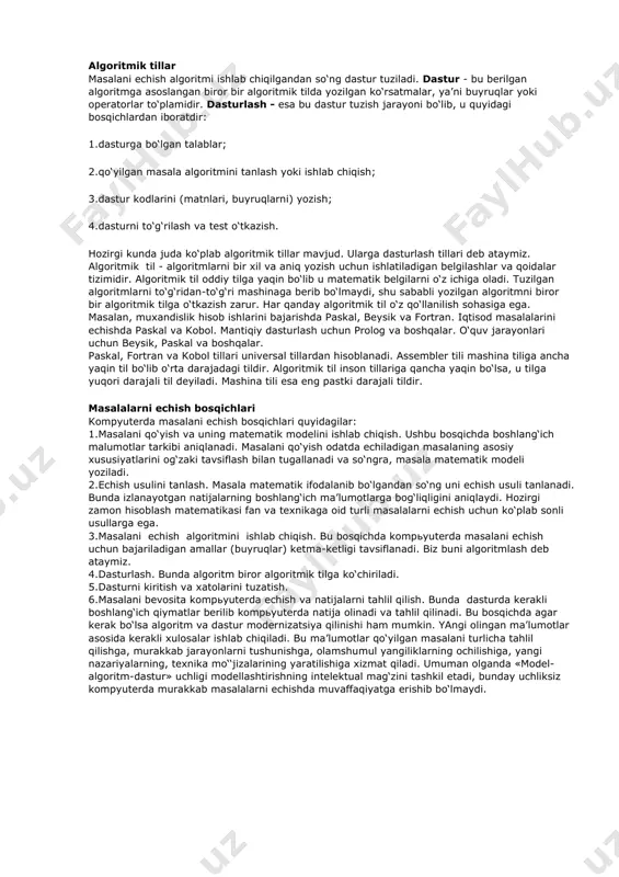 . masalan: so‘z bilan ifodalash; formulalarda berish; blok-sxemalarda tasvirlash; dastur shaklida ifodalash va boshqalar. algoritmlarni blok-sxema ko‘rinishda tasvirlash qulay va tushunarli bo‘lgani uchun ko‘p ishlatiladi. bunda algoritmdagi har bir ko‘rsatma o‘z shakliga ega. masalan: parallelogramm ko‘rinishdagi belgi ma’lumotlarni kiritish va chiqarish; to‘g‘ri to‘rtburchak belgisi hisoblash jarayonini; romb belgisi shartlarning tekshirilishini bildiradi. hayotimizda algoritmlarni turli sohalarda ba’zan bilgan holda ba’zan esa bilmagan holda ishlatamiz. algoritmlar faqat matematik xarakterga ega bo‘lmasdan ularni oddiy hayotiy turmushimizda ham ko‘p qo‘llaymiz. masalan, ovqat tayyorlash, choy damlash, biror berilgan ishni bajarish va boshqa. bu ishlarni bajarishda ma’lum bo‘lgan aniq ko‘rsatmalarni ketma ket bajaramiz. agar bu ko‘rsatmalar aniq bir ketma ketlik tartibida bajarilmasa kerakli natijani olaolmaymiz. misol tariqasida matematik xarakterga ega bo‘lmagan butelbrod tayyorlash algoritmini ko‘rib chiqaylik. bunda boshlang‘ich berilganlar: non, kolbasa va pishloq. natija: butelbrod. butelbrod tayyorlash algoritmi: 1. non bo‘lagini kesib olish; 2. kolbasa va pishloq bo‘lagini kesib olish; 3. kolbasa va pishloq bo‘lagini non …