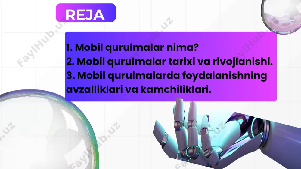 ologiyasi joriy etildi, sms va mms xizmatlari paydo bo‘ldi. nokia va ericsson kabi brendlar rivojlana boshladi. mobil qurulmalar tarixi va rivojlanishi 2000-yillar – 3g texnologiyasi paydo bo‘lib, internetga tezkor ulanish va multimedia imkoniyatlari kengaydi. 2007-yil – apple kompaniyasi ilk iphone smartfonini taqdim etdi, bu esa mobil texnologiyalarda inqilob yasadi. 2010-yillar – 4g lte tarmog‘i joriy etilib, mobil internet yanada tezlashdi, aqlli qurilmalar va ilovalar rivojlandi. 2020-yillar – 5g texnologiyasi ishlab chiqildi, iot (narsalar interneti) va sun’iy intellekt bilan integratsiya boshlandi. mobil qurulmalarda foydalanishning avzalliklari va kamchiliklari. afzalliklari: harakatchanlik – istalgan joyda internet va aloqa xizmatlaridan foydalanish imkoniyati. ko‘p funksiyalilik – qo‘ng‘iroq qilish, xabar jo‘natish, suratga olish, internetdan foydalanish, hujjatlar bilan ishlash va ko‘ngilochar xizmatlardan foydalanish. tezkor aloqa – ijtimoiy tarmoqlar, messenjerlar va elektron pochta orqali doimiy bog‘lanish imkoniyati. ta’lim va ish uchun qulaylik – onlayn ta’lim, masofaviy ish va biznes jarayonlarini yuritish uchun keng imkoniyatlar. navigatsiya va kuzatuv – gps …