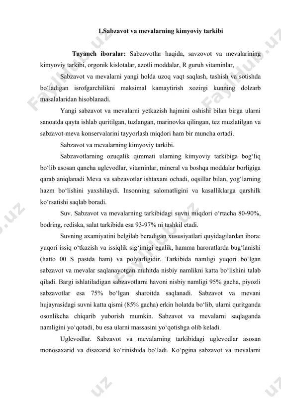 osan monosaxarid va disaxarid ko‘rinishida bo‘ladi. ko‘pgina sabzavot va mevalarni tarkibidagi qandi glyukoza va fruktoza (uzum, karam va boshqalar) ko‘rinishida bo‘ladi. ba’zi bir sabzavot va mevalarda (piyozli sabzavot, shaftoli va boshqalar) saxaroza ko‘rinishida bo‘ladi. qandni kam uchraydigan ko‘rinishi bo‘lgan rafinoza, kisloza, maltoza kam miqdorda (0,5% gacha) uchraydi. qandining miqdori ko‘p bo‘lgan sabzavot va mevalarga uzum (25% gacha), qovunni (15%) misol qilib keltirish mumkin. sabzavot va mevalarni mazasi va rangi, qayta ishlashga loyiqligi, tashishga chidamligi ularning tarkibidagi turli shakldagi qandlarning bir-biriga va kislota miqdoriga nisbatan loyiq bo‘ladi. polisaxaridni turi bo‘lgan kraxmal kartoshkada 20% gacha bo‘lishi mumkin. boshqa sabzavot va mevalarda esa ko‘pi bilan 1% ni tashkil qiladi. pishib yetilmagan sabzavot va mevalraning (olma, behi) tarkibida kraxmalni tarkibi kamroq bo‘ladi. polisaxaridlardan gemitsellyuloza va kletchatka, sabzavot va mevalrani asosan po‘stida 2,0-2,5% gacha bo‘ladi. kletchatka hazm bo‘lmaydigan ikkinchi darajali polisaxaridlarga kiradi. lekin bu modda inson a’zosidan xolestrin va boshqa zararli moddalarni chiqarib tashlashga katta …