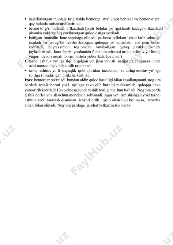 i va yorug‘lik tekshirilayotgan quloqqa yo‘naltiriladi, yot jism holati ko‘riladi, buyraksimon tog‘oracha yuviladigan quloq pastki qismida joylashtiriladi, jane shprisi yordamida furatsilin eritmasi tashqi eshituv yo‘lining yuqori devori orqali bosim ostida yuboriladi. (yuviladi) · tashqi eshituv yo‘liga tiqilib qolgan yot jism yuvish natijasida chiqmasa, unda uchi tumtoq ilgak bilan olib tashlanadi. · tashqi eshituv yo‘li suyuqlik qoldiqlaridan tozalanadi va tashqi eshituv yo‘liga spirtga shimdirilgan pilikcha kiritiladi. izox: bemordan so‘raladi bundan oldin quloq kasalligi bilan kasallanganmi, nog‘ora pardada teshik bormi yoki og‘izga xavo olib burnini mahkamlab, quloqqa havo yubortirib ko‘riladi.havo chiqsa bunda teshik borligi ma’lum bo‘ladi. nog‘ora parda teshik bo‘lsa yuvish uchun monelik hisoblanadi. agar yot jism shishgan yoki tashqi eshituv yo‘li torayish qismidan ichkari o‘tib, qisib olish iloji bo‘lmasa, jarroxlik amali bilan olinadi. nog‘ora pardaga jarohat yetkazmaslik kerak. image1.jpeg image2.jpeg image3.jpeg