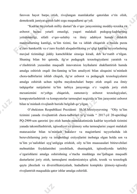 i. demak, galdagi eng asosiy vazifa: yosh avlodni vatan ravnaqi, yurt tinchligi, xalq farovonligi kabi olijanob tuyg‘ular ruhida tarbiyalash, yuksak fazilatlarga ega, ezgu g‘oyalar bilan qurollangan komil insonlarni voyaga etkazish, jahon andozalariga mos, kuchli bilimli, raqobatbardosh kadrlar tayyorlashdir. matematik analiz darslarida furye qatorlari va funksiyalarni furye qatoriga yoyish haqida ma’lumotlarni o’rganishdan iborat. kurs ishining ob’ekti: oliy va o’rta ta’lim muassasalarida matematik analizni o’qitish jarayoni. kurs ishining predmeti: furye qatorlari. i bob funksiyalarni furye qatoriga yoyish 2.1 masalaning qo’yilishi. dirixle integrali davri ga teng bo’lgan uzluksiz yoki bo’lakli uzluksiz funksiya berilgan bo’lsin. quyidagi o’zgarmas miqdorlarni ( funksiyaning furye koeffitsiyentlarini) hisoblaymiz: (1) va bular yordamida berilgan funksiyaning furye qatorini tuzamiz: eslatma. agar funksiya ixtiyoriy chekli oraliqda bo’lakli-uzluksiz va shu bilan birga davri bo’lsa, ya’ni bajarilsa, uzunlikdagi oraliq bo’yicha olingan integralning qiymati α ga bog’liq bo’lmaydi. isbotlashda f uzluksiz bo’lgan hol bilan chegaralaymiz. ravshanki, oxirgi integralda almashtirish bajarilsa, u ga teng bo’ladi. bu …