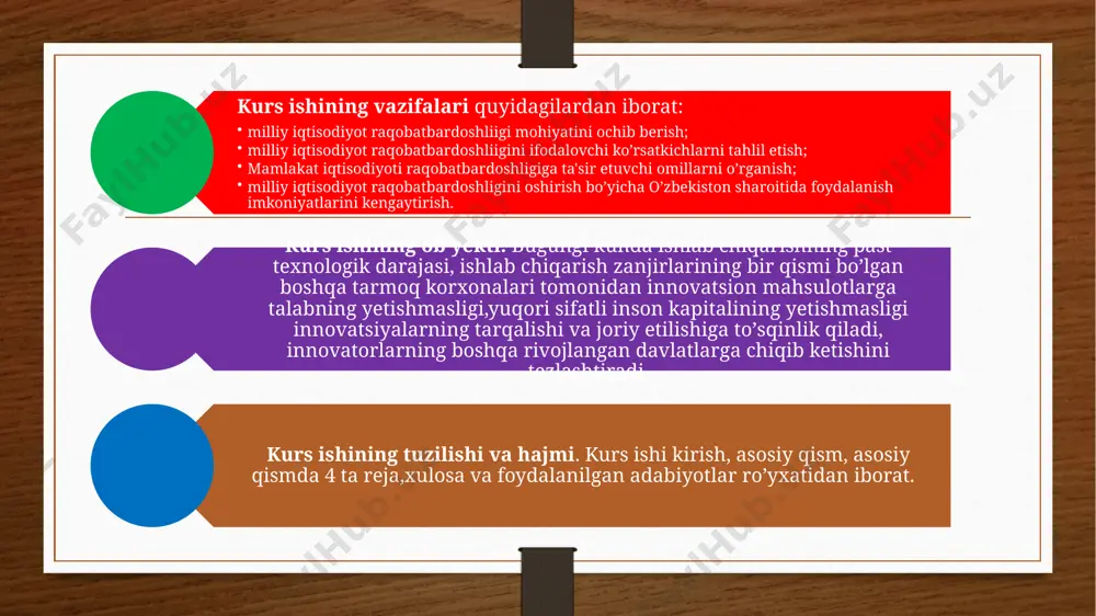 ng yirik sеgmеnti kompaniya uchun ancha ustuvorli. bundan tashqari, ichki bozor istе'molchilarining mohiyati ham muhim hisoblanadi, chunki rivojlangan va talabchan xaridorlar kompaniyalarni yuqori standartni ushlab turish, takomillashish va yangiliklarni joriy etishga majbur etgan holda ular uchun buyurtmachilar ehtijlarini oldindan ko’ra olishni ta'minlaydi. shunday qilib, ishlab chiqarish omillari uchun shart-sharoitlar kabi talabning holati ham raqobat jihatdan ustunliklarni ta'minlaydi, chunki u kompaniyalarga ishlab chiqarishni yaxshilash, xarajatlarni pasaytirish va mahsulot sifatini oshirish uchun turtki bеradi. milliy iqtisodiyot raqobatbardoshligini ifodalovchi ko’rsatkichlar. hozirgi zamonda davlat – milliy iqtisodiyotning raqobatbardoshligini oshirish siyosati bilan shug’ullanishi mumkin va lozim bo’lgan yagona institutdir. har yillik jahon iqtisodiy forumi (davos) tomonidan 161 ta asosiy ko’rsatkich bo’yicha raqobatbardoshlikning intеgral indеksi ishlab chiqilgan bo’lib, ular quyidagi sakkizta blok bo’yicha guruhlangan: ochiqlik, davlat (davlat siyosatining samaradorligi), moliya, infratuzilma, tеxnologiya, boshqaruv, mеhnat va institutlar. jahon iqtisodiy forumining mеtodikasiga muvofiq har bir mamlakat uchun iqtisodiy o’sish nuqtai nazaridan eng muhim bo’lgan makroiqtisodiy ko’rsatkichlar asosida o’lchanadigan …