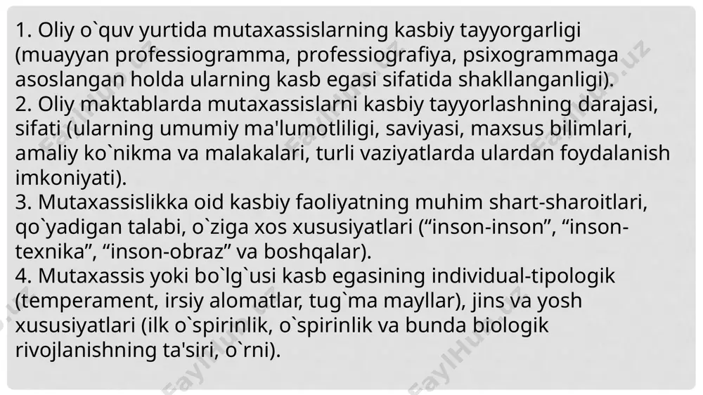 lariga asoslanib uni qayta qurish maqsadga muvofiq. chunki jahon ta'limi standartlariga yaqinlashmoq, ularga moslashib yangi mutaxassisliklarni joriy qilmoq va ularni tayyorlashni (menejer, broker, marketing, sotsiolog, sotsial xizmat, amaliy psixolog, oila psixologi kabilarni) mahalliy ehtiyojlardan, kadrlarni tayyorlovchi professor-o`qituvchilar mavjudligidan kelib chiqqan holda rejalashtirmoq lozim (ba'zan yuqori malakali kadrlar yetishmasligiga qaramasdan mutaxassislar tayyorlashga ruxsat berilmoqda). 2. oliy o`quv yurtlarida talabalarni o`qitish, shaxs sifatida shakllantirish (ijtimoiylashuv) jarayoni hozirgi zamon talablariga javob bera oladigan metodlar (uslublar, shakllar), vositalar, usullar yangi mazmun bilan boyitilishi, milliy qiyofa, xarakter, his-tuyg`ularni hisobga olib sa'y-harakatlar amalga oshirilishi joiz. asta-sekin monologik o`qitish tizimidan dialogik, innovatsion (yangilikka asoslangan), hamkorlik (o`qituvchi bilan talabalar faoliyatini uyg`unlashtirish) singari ta'limning yangi turlariga o`tish o`qitish samaradorligini oshirishga xizmat qiladi. 3. oliy maktab o`quv rejasi, dasturi va ularga asoslanib chop qilinadgan darsliklar, qo`llanmalar, ishlamalar, ma'ro’za matnlarini qaytadan ko`rib chiqish, ularni mamlakatimiz hududlari xususiyatlarini hisobga olib takomillashtirish, yanada puxtalashtirish, mutaxassislikka bevosita aloqasi bo`lmagan o`quv fanlarini (materiallarini) oqilona qisqartirish …