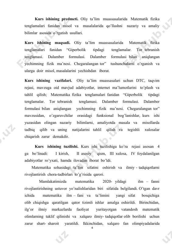 matematika ta’limotining ta’lim olish bosqichlari o’rtasidagi uzviylik to’liq ta’minlanmagan; ikkinchidan, umumta’lim maktablarida matematika darsliklari o’quvchilarning yoshiga nisbatan fanni o’zlashtirish qiyinlashtiruvchi murakkab masalalardan iborat va boshqa fanlarda o’tiladigan mavzular bilan uyg’unlashtirilmagan; uchinchidan, matematikaga qiziquvchan, xalqaro olimpiadalar g’oliblari bo’lgan aksariyat iqtidorli yoshlarimiz hududlardan bo’lishiga qaramasdan ularning kelgusi rivojlanishi uchun oliy ta’lim va ilm- fan sohasida zarur shart – sharoit yaratib berilmagan; to’rtinchidan, matematika sohasidagi ilmiy- tadqiqotning amaliyot va ishlab chiqarish bilan bog’liqligi zaifligicha saqlanib qolmoqda; beshinchidan, sohadagi olimlarning xorijiy ilmiy va ta’lim muassasalari bilan aloqalari milliy matematikani jahon miqyosiga olib chiqish, xalqaro hamjamiyatda nufuzini oshirish uchun yetarli emas. ta’limning barcha bosqichlarida matematika fanini o’qitish tizimini yanada takomillashtirish, pedagoklarning samarali mehnatini qo’lla- quvvatlash, ilmiy- tadqiqot ishlarining ko’lamini kengaytirish va amaliy ahamiyatini oshirish, xalqaro hamjamiyat bilan aloqalarni mustahkamlash, shuningdek, 2017- 2021- yillarda o’zbekiston respublikasini rivojlantirishning beshta ustuvor yo’nalishi bo’yicha xarakatlar strategiyasini “ ilm, ma’rifat va raqamli iqtisodiyotni rivojlantirish yili ” da amalga oshirishga oid …