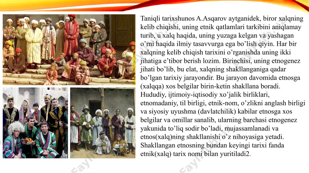 gan emas. vaholanki, etnogenez va etnik tarixni yoritishda etnografiya ma’lumotlari alohida o’rin egallaydi. tarixning nisbatan so’nggi davrlarida, asosan i ming yillikning o’rtalarida o’rta osiyoga ketma-ket ko’chib kelgan xun, xionit, eftalit kabi ko’plab turkiy elatlarning tub (mahalliy) qabilalari va turkiy sak-massagetlar(turkiy tilli qatlami nazarda tutiladi-u.s.) zaminida o’ziga xos jimjimador madaniy belgilarni yuzaga keltirdi. ta’kidlash joizki, yuqorida nomlari keltirilgan miloddan avvalgi markaziy osiyolik qadimiy tub aholi, jumladan, turkiy tilli elatlarni yunonlar skif-saklar, eronliklar saklar-massagetlar, deb ataganlar. ularning g’arbiy yevropa bilan bog’liq tomonlari ham bo’lganligi, ayrim madaniy belgilari bolgariya, ruminiya mamlakatlarida yashovchi qadimiy ketlarga o’xshashligi haqida ham fikrlar bor. k.shoniyozovning yozishicha, o’zbek halqining shakllanishida ikki tomir asos bo’lgan. birinchisi tub aholi (azaldan bir yerda-movarounnahrda turg’un yashagan turkiy urug’lar-u.s.), ikkinchisi yarim ko’chmanchi qadimiy turkiy ildizlardir. bizningcha, yuqorida ta’kidlangan metizasiya va gibridizasiya holatiga chuqurroq yondashsak, o’zbek xalqining shakllanishida uch tomir asos bo’lgan, deyish mumkin. birinchi tomir qadimdan turg’un holda yashagan-tubjoy (qorluq-chigil-uyg’ur guruhiga xos) turkiylar, ikkinchi …