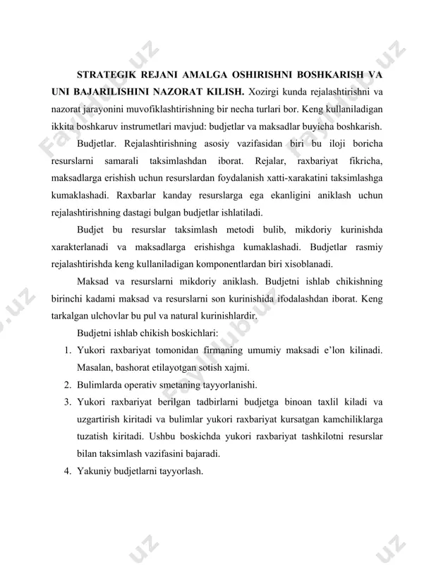 oron odiorne, duglas makgregor, antoni raya va boshkalar. 1. rayaning fikricha, maksadlar buyicha boshkarish bir-biriga boglik 4 ta boskichdan iborat jarayondir. 2. anik va kiska maksadlarni ishlab chikish. 3. shu maksadlarga erishish uchun xakikiy rejalarni ishlab chikish. 4. natijalarni va ishlarni tizimli nazorat kilish, ulchash va baxolash. 5. rejalashtirilgan natijalarga erishish uchun tuzatuv tadbirlarini ishlab chikish. xar bir raxbarning maksadlari uning bevosita boshligining maksadlariga erishishini ta’minlashi kerak. maksadlar yukoridan pastga – instansiya zanjiri buylab ishlab chikiladi. maksadlarni ishlab chikish. yukori raxbariyat tashkilot uchun kiska va uzok muddatli maksadlarni ishlab chikkanidan keyin, bu maksadlar keyingi pastgi pogonalarga buyruk kurinishida uzatiladi. past pogonadagi raxbarlar maksadlariga karab uz maksadlarini ishlab chikishlari kerak. xarakatlarni rejalashtirish. mvo jarayoning ikkinchi boskichida kilinadigan xarakatlar rejalashtiriladi. rejalarni ishlab chikish olti bulimdan iborat: 1. maksadga erishish uchun asosiy vazifa va me’yorlarni aniklash; 2. asosiy turdagi faoliyatlar orasidagi bogliklikni aniklash va kalendar rejani ishlab chikish; 3. xar kaysi turdagi faoliyatni …