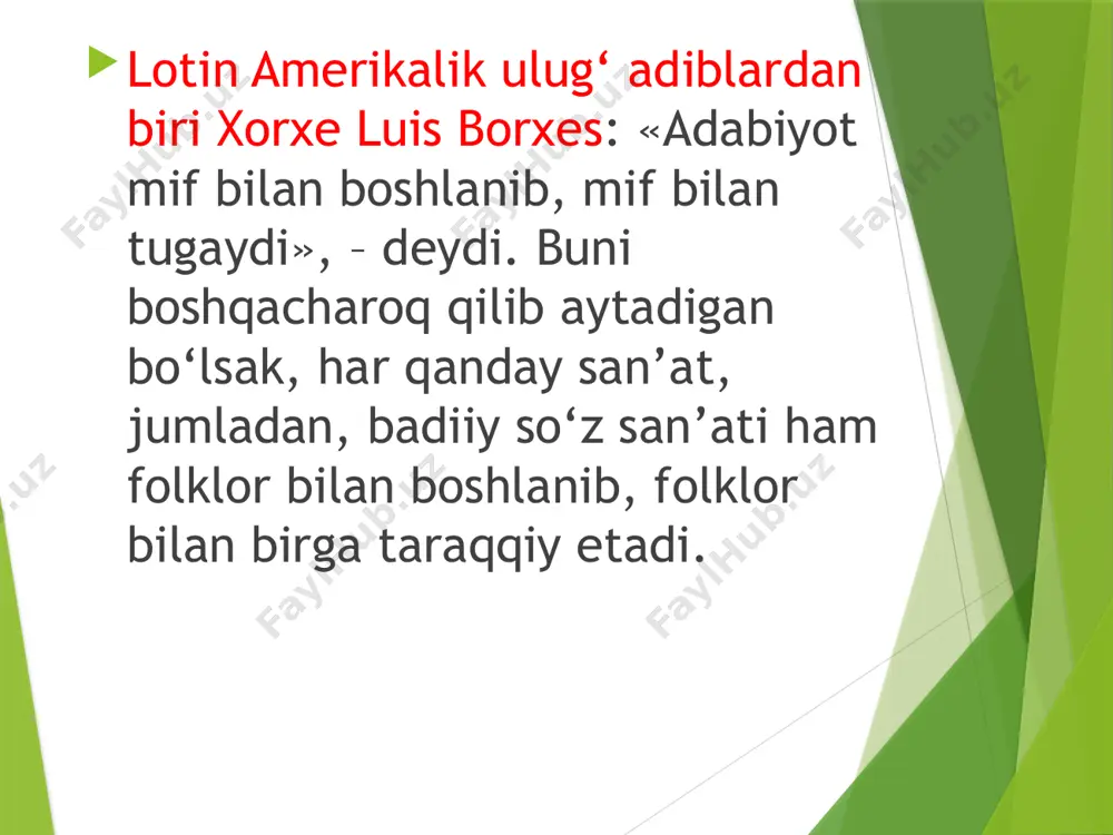 “ kuchuk” so’zi “it" ma’nosini bildiradi. ammo v.v.radlov lug’atida “kuchugan '’ so’zining lug'aviy m a’nosi ”burgut ” ekanligi qayd qilingan.1 o’zbek xalq ertaklaridagi semurg' obrazi o’rta osiyo mifologiyasining mahsuli bo’lib, “it-qush” haqidagi mifik tasavvur bilan aloqadordir. semurg' qadimgi zardo’shtiylik mifologiyasida it boshli, qush siyratli asotiriy jonzot sifatida tasvirlangan. bizningcha, semurg" qadimgi afsonalarda it boshli, qush siyratli asotiriy jonzot sifatida tasvirlangan keyinchalik bu mifologik tasavvurlar unutilib ketib, u ertak va dostonlarimizning an’anaviy obrazlaridan biriga aylanib qolgan. semurg' haqidagi mifologik tasavvurlar qush tuxumidan chiqqan it, qushdek ucha oladigan qanotli it haqidagi afsonalar bilan genetik jihatdan aloqadordir. fikrimizcha, «it-qush» (semurg') va qush tuxumidan chiqqan it (baroq) haqidagi afsonalar qadim ajdodlarimizning hayot daraxti to’g'risidagi e'tiqodiy ishonchlariga borib taqaladi. iii. zardo'shtiylik bilan bog'liq mifologik tasavvurlar. xalq og'zaki ijodida an’anaviy tarzda qo’llanuvchi ajdar, dev, pari, semurg', jomard, aranja bobo, axriman, aranglar, zahhok, siyovush, ihibbi, ashshadurozi, sust xotin, haydar kabi ko’plab asotiriy obrazlaming tarixiy asoslari zardo’shtiylik mifologiyasiga …