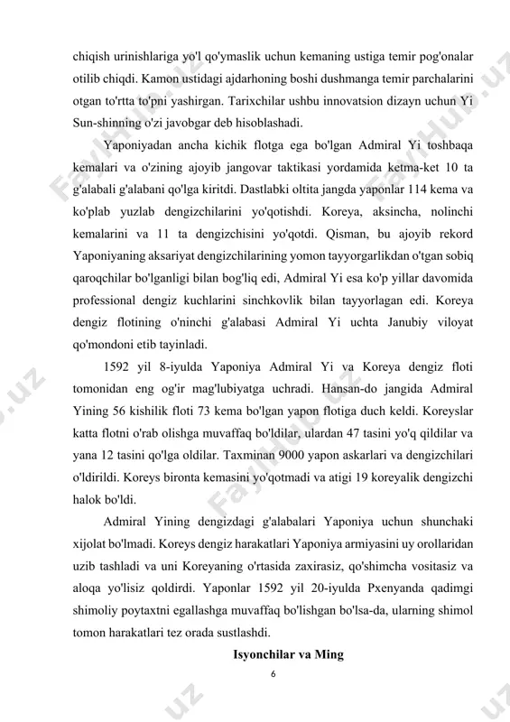 g hukumati yaponiyaning koreyaga bostirib kirishi xitoy uchun ham jiddiy xavf tug'dirishini nihoyat anglab etdi. bu paytga kelib ba'zi yapon diviziyalari hozirgi manchuriya (shimoliy xitoy) da yurxenlar bilan kurash olib borishdi. ming 50 ming kishilik qo'shin yubordi, ular tezda yaponlarni pxenyandan siqib chiqarib, ularni janubga seulga surishdi. yaponiya chekinmoqda agar yaponlar koreyadan chiqib ketmasa, xitoy juda katta kuch, 400 mingga yaqin kuch yuboramiz, deb tahdid qildi. yerdagi yapon generallari tinchlik muzokaralari olib borilayotganda busan atrofidagi hududga chekinishga kelishib oldilar. 1593 yil may oyiga qadar koreya yarim orolining katta qismi ozod qilindi va yaponlarning barchasi mamlakatning janubi-g'arbiy burchagidagi tor qirg'oq chizig'ida to'plandilar. yaponiya va xitoy biron bir koreysni stolga taklif qilmasdan tinchlik muzokaralarini olib borishni tanladilar. oxir oqibat, bu to'rt yilga cho'zilib ketdi va har ikki tomonning elchilari o'z hukmdorlariga yolg'on xabarlarni keltirdilar. uning tobora tartibsizligi va odamlarni tiriklayin qaynatish odatidan qo'rqqan xideyoshi generallari unga imjin urushida g'olib chiqqanday taassurot qoldirishdi. …