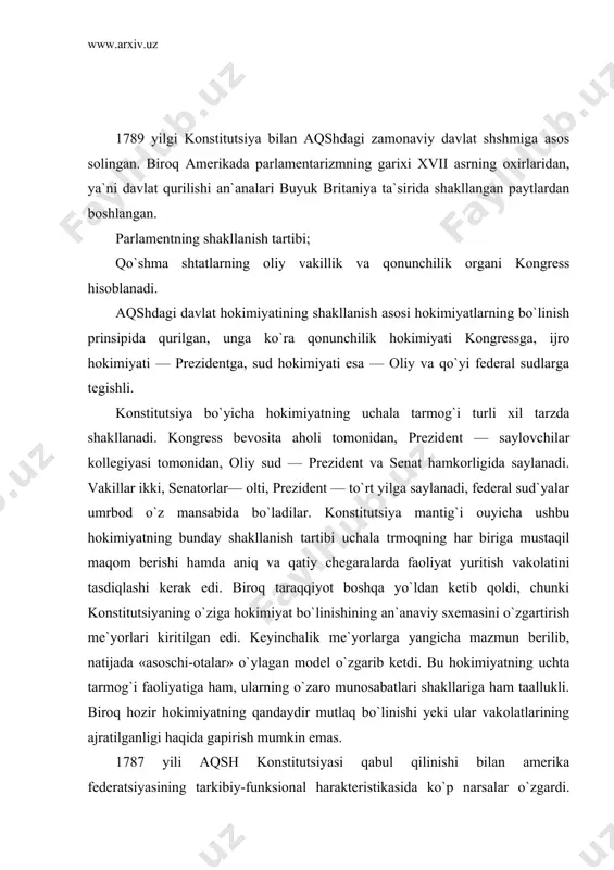 larining ajratilganligi haqida gapirish mumkin emas. 1787 yili aqsh konstitutsiyasi qabul qilinishi bilan amerika federatsiyasining tarkibiy-funksional harakteristikasida ko`p narsalar o`zgardi. dastlab aqsh tarkibiga 13 shtat kirardi. hozir ularning soni 50 taga yetdi. federativ munosabatlarning real mexanizmi ham o`zgardi. hozir u aqsh konstiutsiyasining ikki asr oldingi mualliflarining modeli bilan kam umumiylikka ega. konstitutsiya modelining asosida dualistik federalizm prinsipi yotadi. rasman konstitutsiya mantig`iga asoslanilsa, federal va shtatlarning organlari mustaqildir. aqsh prezidenti va kongressi saylangan vaqtdan boshlab shtatlar bo`yicha o`tkazilgan saylovlar asosida shakllanadigan institutlar — federal va shtatlar o`rtasidagi aloqalar o`z iladi. hokimiyatning har bir pog`onasi konstitutsiyada belgilangan chegarada suveren huquqqa ega. «asoschi-otalar» federalizmni xuddi shunday fikrlaganlar. lekin federatsiyaning real mexanizmi uning birinchi asosidan ancha yiroq. hayot federatsiya va shtatni yagona yaxlitlikka olib kelish uchun minglab rishtalar bilan o`rab-chirmab tashlagan. ittifoq va shtatlarni boshqarish predmeti rasman yetarlicha qattiq chegaralab qo`yilgan. konstitutsiyadagi kongress vakolatlariga tegishli savollar ro`yxati ittifoq va shtatlarni ajratib turadigan devor bo`lib …