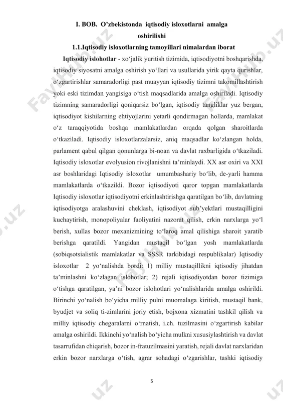 unal qishloq, 229 ta qayta ishlash korxonasi boshqa obyektlar xususiylash tirildi. 6 ming xususiy va oilaviy korxonalar paydo bo’ldi. 1998 yilga kelib aksariyat korxonalar xususiylashtirildi. davlat korxonalarining xususiylashtirish 1993 yil 39,4 foiz edi. 1994 yilda 57,7 foiz, 1998 yil esa 88,2 foizga oshdi. 1997 yilga kelib xususiy va kichik korxonalar soni 100 mingdan oshib ketdi. bozor infrastrukturasi deyilganda tovar va pul bozorida, mehnat resurslari bozorida iqtisodiy vositalar - tegishli moliya va bank-kredit tizimi, sug’urta, auditorlik, yuridik va xususiy firmalar tizimi tushuniladi. bozor iqtisodiyotiga o’tish davrida infrastrukturani shakllantirish muhim jarayon bo’lib, uni tashkil etish anchagina vaqt talab etadi. ushbu masalada ko’pgina islohotlar, o’zgartirishlar amalga oshirildi. masalan: davlat buyurtmasi o’rniga zarur mahsulotlarni erkin narxlarda xarid qilish joriy etildi. tovarlar bozorini shakllantiruvchi birjalar tizimi tashkil etildi. kim oshdi savdosi o’tkazila boshlandi, brokerlik va dillerlik idoralari, savdo uylari, vositachi firmalar paydo bo’ldi. ko’chmas mulk sotish joriy etildi. banklararo valyuta birjasi tashkil etildi. davlat sug’urta …