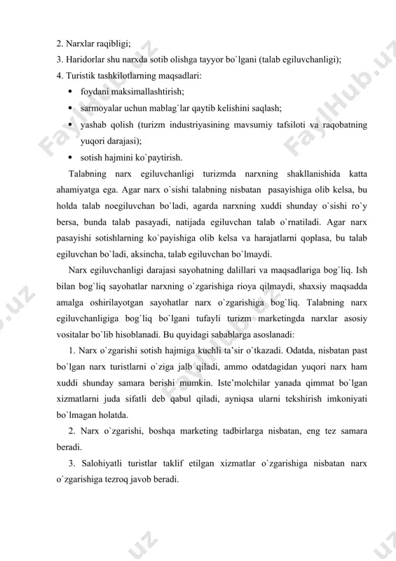 elgilanishi quyidagi asosiy omillarga bo`ysunadi: 1. tur tannarxi va foyda darajasi. 2. raqobat narxlar darajasi. 3. bozorda talab va taklif nisbati. uch omildan birinchisini ko`rib chiqamiz. bu ko`rsatkich turfirmani xorijiy tursayohatni tashkil qilishga bo`lgan barcha harajatlarni imkoni boricha to`laroq aks etishi kerak. eng avvalo, bu turistlarga taklif etiladigan xizmatlarga bo`lgan narxlar baholovchilar va tariflar yig`indisi. bu o`z faoliyatini tashkil qilish bilan bog`liq bo`lgan turfirmaning harajatlari. bu ustama harajatlar maksimal darajada aniq hisobga olinishi kerak, chunki ular sotiladigan turlar narxlari bir qismi bilan qoplanishi zarur. shunday bu harajatlar tarkibiga, odatda, quyidagilar kiradi: xodimlarning ish haqi, xonalar ijarasi, jihozlar amortizatsiyasi (kompyuterlar, printerlar, mebel va boshq.), xonalarni saqlash (yig`ishtirish,qo`riqlash, ta’mirlash), kommunal xizmatlari, elektr quvvat ta’minoti, aloqa, devonxona buyumlari. reklama: marketing, xizmat safarlari, nufuzli taqdimotlari, ishlab chiqarish ta’limi, ma’muriy harajatlar (ruxsatnoma berish, sertifikatsiyalash va boshq.) albatta, hisobga olinishi kerak. qput= -si, bu yerda, qput — putyovka (yo`llanma) qiymati; si — harajatlarning ikkinchi tarkibiy qismi; …