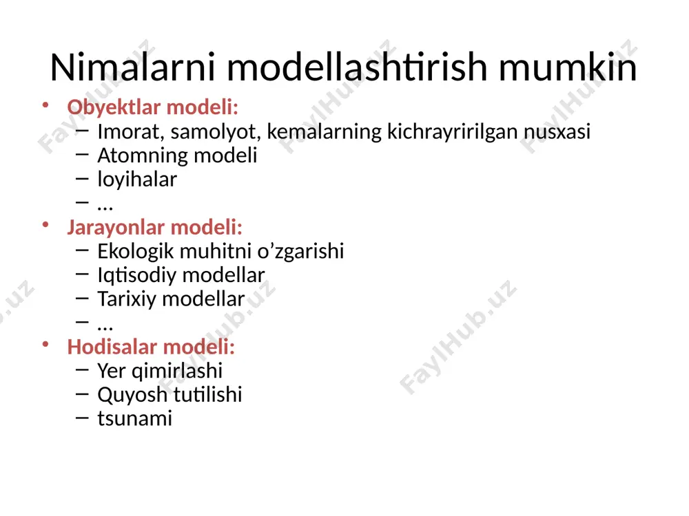 isoblash, to‘plamlar nazariyasi, algoritmlar nazariyasi va boshqalar ishlatilishi mumkin. mohiyati bo‘yicha matematika hamma ob’ekt va jarayonlarni modellarini yaratish va tadqiq etish uchun yaratilgan. matematik modellashtirish matematik model– matematik belgilar yordamida tashqi dunyoda sodir bo'layotgan xodisalarning ifodasidir. matematik modellashtirish - aniqlashtirish, bashorat qilish va boshqarish usuli. matematik modelni qurish bir nechta bosqichdan iborat: 1.qonunlarni tartiblash bo'lib, u modelning asosiy ob'ektlarini bog’laydi. 2. matematik masalalarni o'rganish. 3. tekshirish. modelni amaliyotda qo'llanilishini o'rganish. 4. model analizi va uning modifikatsiyasi. matematik modelni o'rganish bosqichlari. sifatli modelni tuzish. bu bosqichda tizimda amal qiladigan qonunlar xarakatini va aloqalarni aniqlash. agar model differentsial tenglamalar orqali ifodalangan bo'lsa, bu model differentsial model deyiladi. modellashtirish maqsadi - orginalning xarakterli tomonlari modellarni jixatlarini va ularni tadqiq etish usullarini aniqlaydi. masalan: matematik modellarni deterministik va extimollik sinflarga ajratish mumkin. birinchisi modelni xarakteristikasi va parametrlari orasidagi o‘zaro mos kelishlikni aniqlasa, ikkinchisi bu kattaliklarni statistik qiymatlari orasidagi moslikni aniqlaydi. u yoki bu turdagi …
