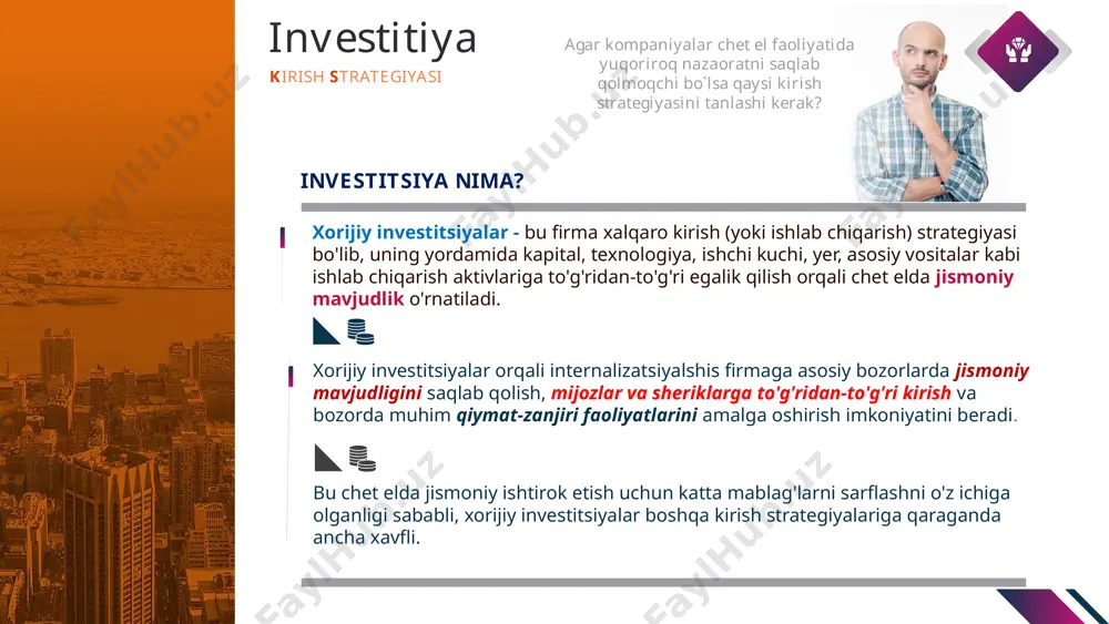 mat ko'rsatishni oldini olish uchun chet elda o'zlarining asosiy mijozlariga ergashadilar. tradegar industries o'zining mijozi procter & gamble tomonidan bir martalik tagliklar ishlab chiqarishda foydalanadigan plastikni yetkazib beradi. p&g xitoyda zavod qurganida, tradegar u erda p&g-ga ergashdi va xitoyda ham ishlab chiqarishni yo'lga qo'ydi. asosiy raqiblar bilan o'z bozorlarida raqobatlashish - yer usti uskunalari sanoatida caterpillar mitsubishi bilan qo'shma korxonaga kirib, ularning umumiy raqibi yaponiyaning komatsu kompaniyasining bozor ulushi va rentabelligiga bosim o'tkazdi. o'zining ichki bozorini himoya qilish uchun katta mablag'larni sarflash zarurati komatsu-ning chet elda kengayish imkoniyatini pasaytirdi. resurslar izlash motivi agar kompaniyalar chet el faoliyatida yuqoriroq nazaoratni saqlab qolmoqchi bo`lsa qaysi kirish strategiyasini tanlashi kerak? investitsiya kirish strategiyasi qazib olish va qishloq xo'jaligi sanoatida zarur bo'lgan xom ashyo. tog'-kon, neft va o'simliklarni yetishtirish sohasidagi firmalarning xomashyo bo'lgan joyga borishdan boshqa imkoniyati yo'q.. sharob sanoatida kompaniyalar fransiya va chili kabi uzum etishtirish uchun mos bo'lgan mamlakatlarda vino zavodlarini tashkil …