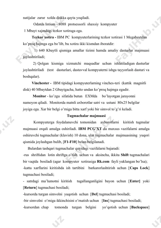 qari kompyuterda yangi ishlayotganlar uchun quyidagi amallarni bajarishni o’rganish maqsadga muvofiqdir. bosh xarflarni ekranga chiqarish uchun tugmachalar majmuasidan biror tugmacha bilan [shift] tugmasi birga bosilib bajariladi. misol uchun bosma "d" xarfini kiritishda, "d" va [shift] tugmachalar birgalikda bosiladi, shundan keyin "d" xarfi kompyuterga kiradi, ya’ni ko’zguda paydo bo’ladi. [caps lock] tugmachasi bosib quyilsa, barcha alfavitdagi xarflar katta xarflar ko’rinishida ko’zguda paydo bo’ladi. foydalanuvchi dasturni yoki buyruqni bajarishni to’xtatishi lozim bo’lsa, [ctrl-break] tugmachalari bir vaqtda bosiladi. maxsus tugmachalar borki, ularning bir yoki ikkitasini bir vaqtda bosish natijasida ayrim amallar bajariladi: -bir vaqtda [ctrl], [alt] va [del] tugmachalari bosilishi, dos amallar tizimini qayta yuklash imkoniyatini beradi; -ko’zgu oynasidagi belgilar nusxasini chop etish qurilmasida chop etish uchun [shift-prtscr] tugmachalari bosiladi; -ko’zguga chiqarilayotgan axborotlarni chop etish qurilmasida nusxalashtirishni ulash yoki uzish uchun [ctrl-prtscr] tugmachalar bosiladi; -bajariladigan dasturni to’xtatish uchun [ctrl-pause] tugmachalar bosiladi, dasturni davom ettirish uchun esa tugmachalar majmuasidan ixtiyoriy tugmacha bosiladi. dos buyruqlari …