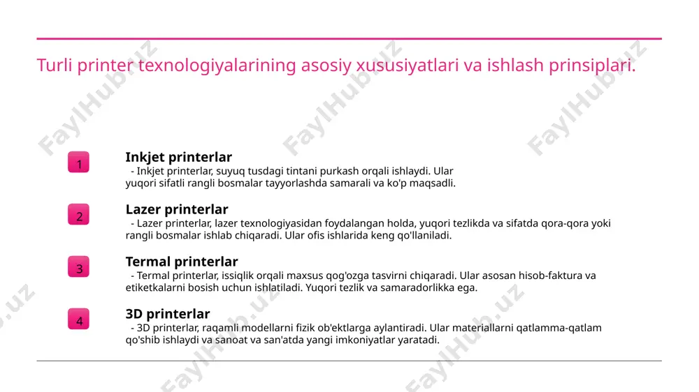 diy imkoniyatlar yaratib, individual va murakkab asarlarni yaratishda yordam beradi. 4 kelajakdagi imkoniyatlar 3d bosib chiqarish ta'lim va tadqiqotlarda yanada kengayib, innovatsion yondashuvlar va yangi materiallar bilan tajribalar o'tkazishga imkon beradi. xulosa 1 printer texnologiyalari rivoji - printer texnologiyalarining rivojlanishi tarixiy jihatdan muhim o'zgarishlarni ko'rsatadi va zamonaviy texnologiyalarni yanada takomillashtirish imkoniyatlarini ochadi. 2 turli printer turlari - inkjet, lazer va 3d printerlar har bir sohada o'ziga xos afzalliklarga ega bo'lib, ularning ishlash prinsiplari va qo'llanilish joylari aniq belgilangan. 3 kelajakda rivojlanish - kelajakda printer texnologiyalari ta'lim, sanoat va san'at sohalarida yanada keng qo'llanilishi kutilmoqda, bu esa innovatsiyalarni rag'batlantiradi. e'tiboringiz uchun rahmat! /docprops/thumbnail.jpeg