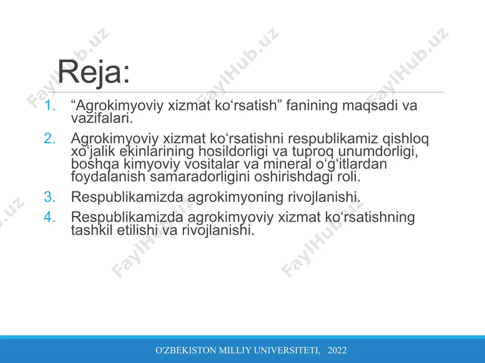 shloq xujaligida asosiy vazifalari: o'zbekiston milliy universiteti, 2022 o'zbekiston milliy universiteti, 2022 axkni respublikamiz qishloq xo‘jalik ekinlarining hosildorligi va tuproq unumdorligi, boshqa kimyoviy vositalar va mineral o‘g‘itlardan foydalanish samaradorligini oshirishdagi roli. kimyo fani inson hayotining va ishlab chiqarishning ko'p sohalariga xizmat qiladi. kimyo fani taraqqiy etgan sari, uning xizmat doirasi kengayib bormoqda. taraqqiyotning hozirgi bosqichida qishloq xo'jaligini ham kimyosiz tasavvur qilish mumkin emas. masalan, katta maydonlarda makro, mikroo'g'itlarsiz hosilni miqdorini va sifatini oshirish mumkin emasligi aniq. pestitsidlarsiz qishloq xo'jaligida zarakunandalarga, kasallik tarqatuvchi mikroblarga va yovvoyi o'simliklarga qarshi muvafaqqiyat bilan kurashish qiyin. o'simliklarning o'sishi, taraqqiyotini o'zgartiruvchi va uni boshqarishga imkon beruvchi stimulyatorlar, vitaminlar, fermentlar, gormonlarning ahamiyati ham beqiyosdir. bir so'z bilan aytganda dehqonchilikda ham kimyo fanining ko'plab mahsulotlari-moddalari ishlatiladi. qishloq xo'jaligi yerlarining davlat monitoringi tizimining asosiy qoidalari из «qishloq xo‘jaligiga mo‘ljallangan yerlarda monitoring ishlarini amalga oshirish, yerlarni muhofaza qilish va yer tuzish faoliyatini tartibga soluvchi normativ-huquqiy hujjatlarni tasdiqlash to‘g‘risida…. », o‘zbekiston …