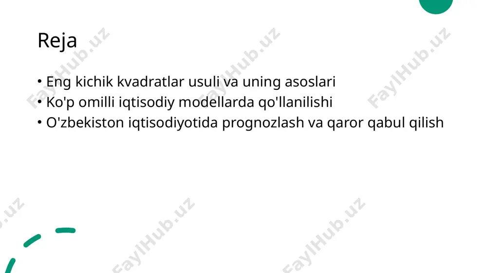 n iqtisodiyotida ko'p omilli modellar tuzilib, iqtisodiy o'zgaruvchilar o'rtasidagi bog'lanishlar aniqroq ko'rsatiladi va tahlil qilinadi. eng kichik kvadratlar usuli o'zbekistonda iqtisodiy prognozlarni tayyorlashda yordam beradi, bu esa davlat siyosati va iqtisodiy strategiyalarni ishlab chiqishda muhimdir. ko'p omilli modellarda eng kichik kvadratlar usulining afzalliklari. 1 o'zgaruvchilarni tahlil qilish - ko'p omilli modellarda eng kichik kvadratlar usuli bir nechta o'zgaruvchilarni bir vaqtning o'zida tahlil qilish imkonini beradi, bu esa yanada aniq natijalar beradi. 2 o'zaro munosabatlarni aniqlash - ushbu usul yordamida iqtisodiy o'zgaruvchilar o'rtasidagi o'zaro bog'lanishlarni aniqlash mumkin, bu esa iqtisodiy tahlilni chuqurlashtiradi. 3 prognozlashda samaradorlik - ko'p omilli modellarda eng kichik kvadratlar usuli yordamida yaratilgan prognozlar yanada ishonchli bo'ladi, bu esa qaror qabul qilish jarayonini yaxshilaydi. 4 muammolarni hal qilish - ushbu metod yordamida iqtisodiy muammolarni hal qilishda aniq va asosli yechimlar ishlab chiqish imkoniyati oshadi, iqtisodiy barqarorlikni ta'minlaydi. eng kichik kvadratlar usuli yordamida ma'lumotlarni tahlil qilish. 01 ma'lumotlarni tayyorlash eng …
