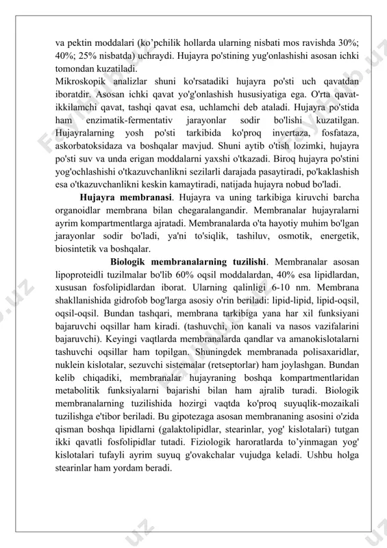 adi. fiziologik haroratlarda to’yinmagan yog' kislotalari tufayli ayrim suyuq g'ovakchalar vujudga keladi. ushbu holga stearinlar ham yordam beradi. biologik membranalar lipid tuzilishi bo'yicha assimetrikdir. chunki ularning ikki tomoni har xil gidrofil muhitlarga qaralgandir. tashqi qavatda ko'proq stearinlar va glikolipidlar mavjud. membrana tarkibiga kiruvchi lipidlar o'rin almashish xususiyatiga egadir. bu o'rin almashishi ikki tipda ya'ni o'zining yakka qavati doirasida (literal diffuziya) va bir-biriga qarama-qarshi qavatlarda ikkita lipid molekulalarining o'rin almashishi (flip-flop) tipida bo'ladi. yakka qavatdagi lipidlar diffuziyasida 1 soniya davomida millionlab lipidlar o'rin almashishi mumkin. bu hodisaning tezligi esa 5-10 mkm/s atrofida bo’ladi. biologik membranalarning vazifasi. membranalar labil tuzilishga ega bo'lganligi sababli har-xil vazifalarni: xususan to'siqlik, tashuvchi, osmotik, tuzilma, energetik, biosintetik, sekretorlik va boshqa vazifalarni bajaradi. ammo membranalarning birlamchi vazifasi ichki muhitni tashqi muhitdan ajratib turish bo'lgan. keyinchalik evolyutsiya jarayoni mobaynida bir qancha hujayra ichki kompartmentlari vujudga kelganki, buning natijasida hujayra va organoidlar kichik hajmda kerakli fermentlar va metabolitlarni ushlab turish, …