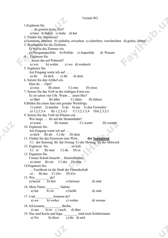 ir gehen in die klasse7. ... klasse ist groß. a) unsere b) eure c) deine d) euer f 1 2 3 4 5 6 7 8 9 10 11 12 13 14 15 16 17 18 19 20 a f 21 22 23 24 25 26 27 28 29 30 a _______________________________________________________________________________________________________________________________________________________________________________________________________________________________________ variant №4 1. entschuldigen sie. ist das hier ___________ uhr? a) ihre b) deine c) kein d) seine 2. ich trinke ein bier. und was _____________? a) du b) hast du c) nimmst du d) sagst du ■ 3. ich _______ jetzt kein bier. a) mag b) habe c) esse d) möge 4. ich bestelle mir lieber _________ apfelsaft. a) den b) der c) ein d) einen 5. wir gehen in die klasse7. ... klasse ist groß. a) unsere b) eure c) deine d) euer 6. wie viel uhr ist es? a) fünfunddreißig b) fünf nach c) fünf …