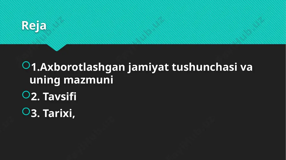 foydalanish qobiliyatiga bogʻliq.[6] axborot jamiyatlari sanoat jamiyatlaridan farq qiladi. bunga bir qancha sabablar keltirsak boʻladi. masalan: ular axborotga, ayniqsa, ilmiy-texnikaviy axborotga tovar sifatida qaraydilar; ular oʻz iqtisodlarida koʻp sonli „axborot xodimlari“ni ish bilan taʼminlaydilar; axborot-kommunikatsiya texnologiyalari va kanallari sermahsul va keng qoʻllaniladi; texnologiyalar va kanallardan foydalanish odamlarga „oʻzaro bogʻliqlik“ tuygʻusini beradi.[10] axborot jamiyati“ atamasi garchi kompyuterlashtirish keng tarqalib, axborot va raqamli texnologiyalar faol rivojlana boshlagan paytda qoʻllanila boshlangan boʻlsada, 1940-yillarda kibernetikaning paydo boʻlishi bilan „axborot jamiyati“ tushunchasi paydo boʻlgan edi. bu tushuncha amerikalik olimlar k. shennon, n. wiener, d. fon neumann, ingliz mutafakkiri va kriptografi a. tyuring, rus matematiki a. n. kolmogorov kabi olimlarning nomlari bilan bogʻliq. „axborot jamiyati“ atamasining yaponcha versiyasi 1961-yilda kisho kurokava va tadao umesao oʻrtasidagi suhbatda paydo boʻlgan.[11] keyinchalik bu atama t.umesao va f.machlup asarlarida qoʻllanilgan boʻlib, ular deyarli bir vaqtda — yaponiya va aqshda paydo boʻlgan. 1992-yildan boshlab bu atama gʻarb davlatlari tomonidan qoʻllanila boshlandi, …