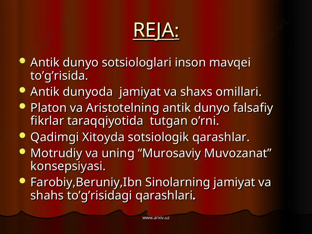 vakili anaksimen esa olamning asosini tashkil etuvchi dastlabki modda sifatida havoni ko’rsatadi. uning fikricha, havoning tabiatda yig’ilishi va siqilishi natijasida suv, tuproq, tosh va olovdan iborat zaruriy qismlar yuzaga keladi. havo insonning amal qilish makoni hisoblanadi va havosiz qolgan paytda har qanday jism tarkibiy va mazmuniy o’zgarishga yuz tutadi. www.arxiv.uz www.arxiv.uz qadimgi grek sosiologlari orasida (somos shahrida tug’ilib, faoliyat yuritgan) pifagor alohida o’rin tutadi.pifagor davrida turli arxaik diniy qarashlar o’rniga nisbatan umumiy rol mohiyat kasb etuvchi xudolarga sig’inish taomilga kira boshladi. pifagor nuqtai nazariga ko’ra, olam abadiy bo’lib, insondagi ruh ma'lum muddatdan so’ng boshqa narsalarga ko’cha- di.pifagorning tabiat va jamiyatdagi "jon"ning ko’chib yurishi g’oyasi hamda atrof-muhitdagi jamiki narsalarning birligi va qarindoshligi dun- yoni o’zaro murosa muvozanatida saqlashga da'vat etuvchi sosiologik qarashlar sifatida insoniyat tarixida muayyan rol o’ynaydi. www.arxiv.uz www.arxiv.uz 2.grek demokratiyasi ravnaqi davri sosiologiyasi namoyondalari geraklit parmenid, zenon, empedokl, anaksagor, protogor, gorgiy va boshqalar hisoblanadi. geraklit fikricha, tabiatda hamma narsa …