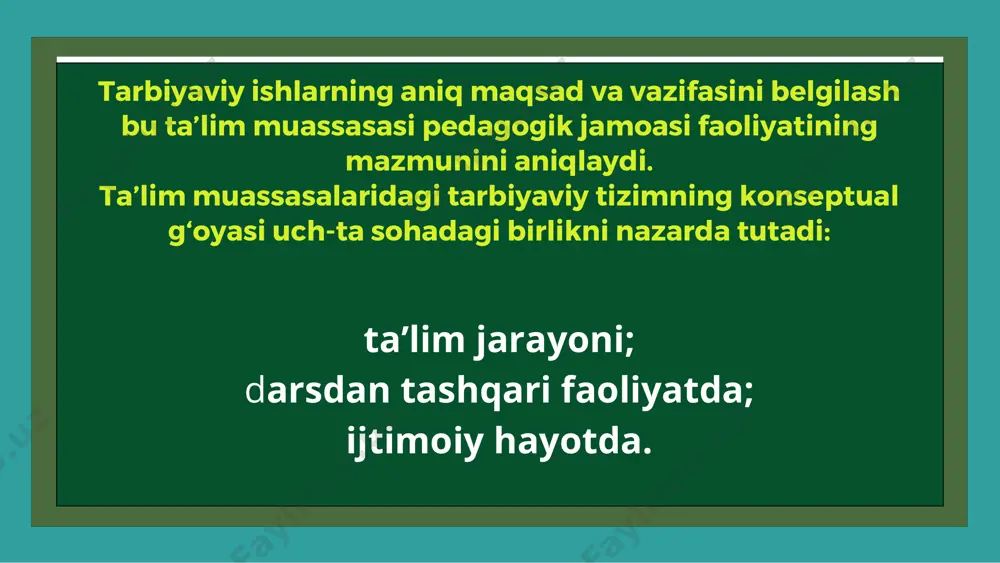 ib qolmay, bolaning har tomonlama rivojlanishiga tasir etadi. yaponiya ta'lim tizimi yaponiyada bolalar tarbiyasida onalarning roli va mas’uliyati ayniqsa kattadir. ular farzandlarining aqlli, dono va mehnatsevar bo’lib o’sishlari uchun oila sulolasi va davlat oldida o’zlarini ma’sul deb hisoblaydi. yaponiyada oilaviy tarbiya xususida ko’plab metodik qo’llanmalar va tavsiyanomalar nashr etiladi, radio va televideniya orqali ko’plab pedagogik maslahatlar berib boriladi. aqsh ta'lim tizimi amerika maktablaridagi o’ziga xos usullaridan biri har bir o’quvchining, , hisobot kartasi”yuritilishidir. unda o’quvchi 10 xil xatti -harakati bo’yicha baholanadi. ota-onalar ushbu karta bilan tanishib borar ekan, farzandlariga oqsayotgan tomonlarini aniqlab, uni tuzatishga harakat qilishadi. amerika pedagoglari haftasiga bir marta 1-3-sinf o’quvchilari uchun “sevimli o’yinchoq” metodini qo’llashadi. bu metodda bolalar o’yinchog`ini tariflaydi. mazkur metodni qo’llashdan maqsad bolani uyatchanlikdan xalos bo`lishga, sinfdoshlari orasidaerkin gapirishga o’rgatishdir. amerikada ta’limni haddan ziyod demokratlashuvi talabalar bilimining puxtaligini tekshirish va nazorat qilishda qiyinchiliklar tug’diradi. shu sababli boy moddiy baza va tajribaga ega bo’lgan davlatda butunlay …