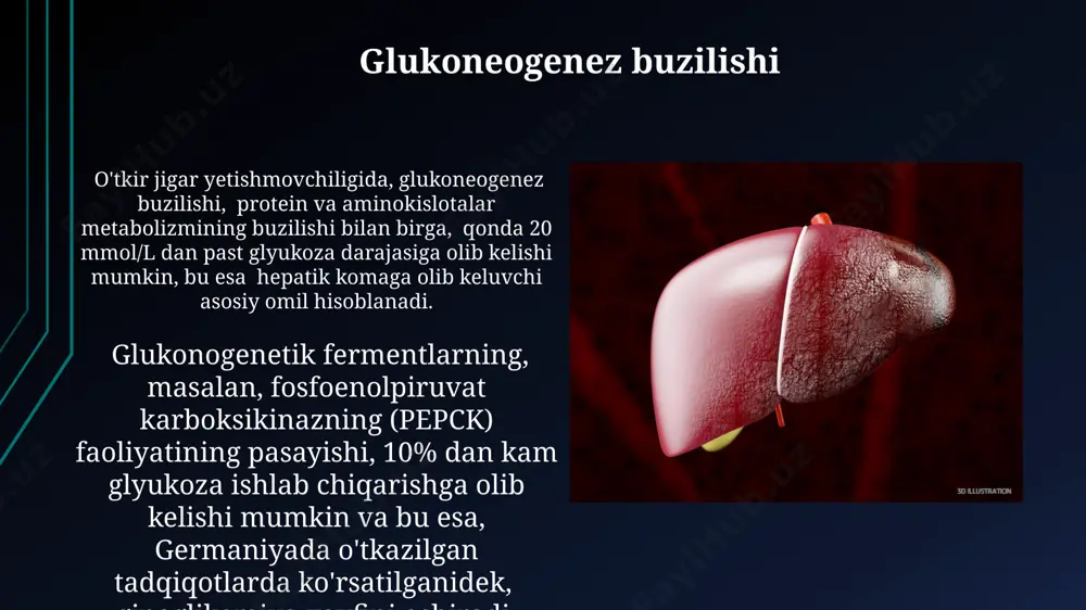 va kúppfer hujayralari bilan murakkab o'zaro ta'sirda bo'ladi. jigar etishmovchiligining sabablari alkogolning haddan tashqari iste'moli, ayniqsa, kuniga 80 grammdan ortiq miqdorda, jigar hujayralariga toksik ta'sir ko'rsatib, jigar yog'lanishi va keyinchalik sirrozga olib kelishi mumkin, bu esa o'zbekistonda ham keng tarqalgan muammo hisoblanadi. jigar etishmovchiligining asosiy sabablaridan biri – virusli gepatitlar, masalan, gepatit b va c viruslari, dunyo bo'ylab 350 milliondan ortiq odamni zararlaydi va jigar sirroziga olib kelishi mumkin. jigarning biokimyoviy tekshiruvlari jigarning biokimyoviy tahlillari natijalarida 50 yoshdan oshgan toshkentlik bemorlarda alt va ast fermentlarining 3 barobar oshishi, jigar sirrozining rivojlanishini ko'rsatishi mumkin. o'zbekistondagi 1000 bemor ustida o'tkazilgan tadqiqotlar, jigar etishmovchiligi bilan og'rigan 70% bemorlarda bilirubin darajasining 2 mg/dl dan yuqori ekanligini aniqladi. ammiak toksinligi o'rta osiyo mintaqasida, ammiak toksinligi bilan bog'liq jigar kasalliklarining tarqalishi 15% ga yaqin, bu esa yuqori o'lim darajasi bilan tavsiflanadi va samarali davolash usullarini talab qiladi. ammiakning miya to'qimalariga ta'siri natijasida, xususan, germaniya va yaponiya …