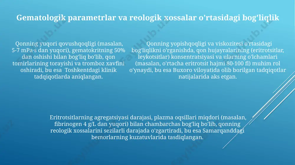 di, bu esa qon oqimining reologik xususiyatlarini aniqlaydi. qonning qovuqlanishi haroratga bogʻliq boʻlib, 37°c da normal qiymatlar 4-5 mpa·s atrofida boʻladi, ammo kasalliklar, masalan, qon kasalliklari boʻlganda, bu koʻrsatkich sezilarli darajada oʻzgaradi. qonning qovuqlanishini oʻlchashda couette yoki cone-plate reometrlari kabi maxsus asboblar qoʻllaniladi va olingan natijalar qonning reologik xususiyatlarini baholashda muhim rol oʻynaydi, masalan, toshkentdagi klinikalarda. qonning elastikligi qonning yuqori molekulyar birikmalar miqdoriga bog'liq holda, masalan, plazmadagi oqsillar darajasiga qarab, elastiklik koeffitsiyenti 5-15 pa orasida o'zgarib turishi mumkin, bu esa toshkentdagi tadqiqotlar natijalarida tasdiqlanadi. qonning elastikligi, qonning devorlarga bosim o'tkazish qobiliyati va shaklini saqlash xususiyatini aks ettiruvchi ko'rsatkich bo'lib, taxminan 10-20% ni tashkil etadi va bu ko'rsatkich yoshga va sog'liq holatiga bog'liq. qonning elastikligi, reologik xususiyatlarni o'rganishda muhim ahamiyatga ega bo'lib, uning qiymatlari 0,01 dan 0,1 gpa gacha o'zgarishi mumkin, bu esa qonning yopishqoqligi va oqim xususiyatlariga ta'sir ko'rsatadi. e'tiboringiz uchun rahmat @taqdimot_robot