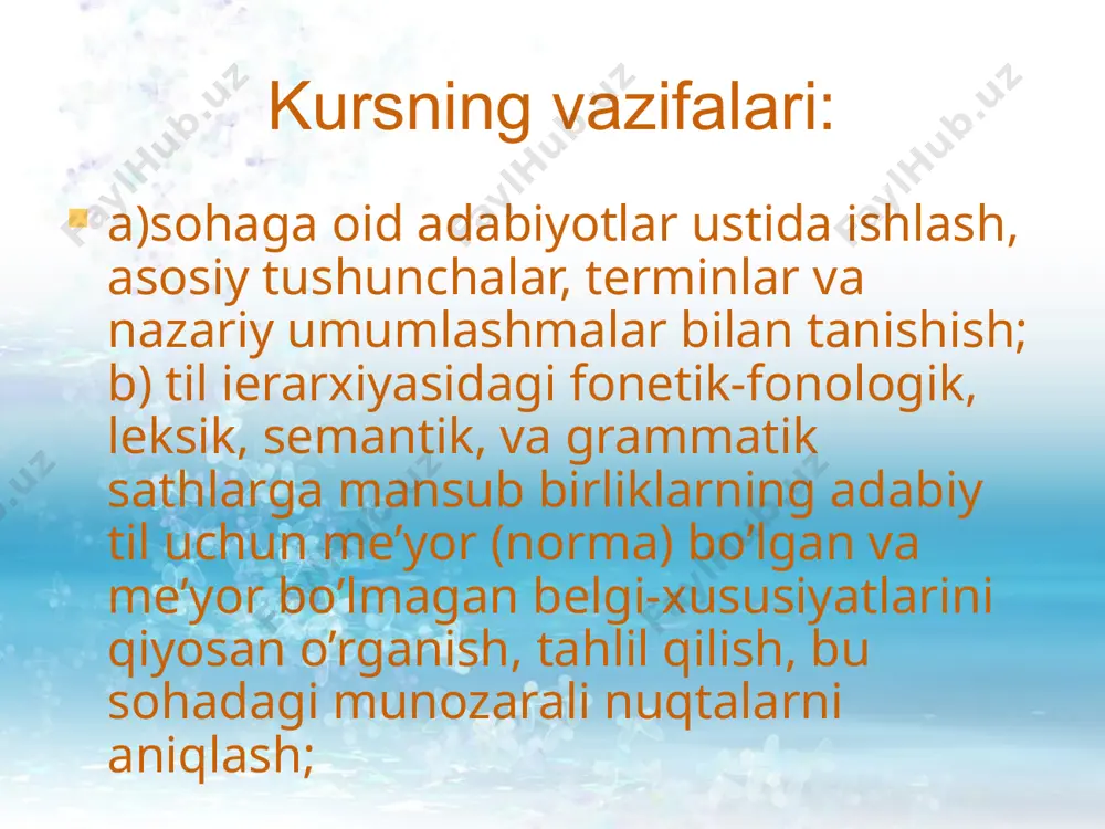 dabiy tilida, davlat ishlari olib boriladi. o’zbekistonning davlat tili deganda ham ko’proq darajada o’zbek adabiy tili nazarda tutilgan, binobarin, adabiy til davlat tomonidan himoyalangandir. e'tiboringiz uchun raxmat image2.png image3.png image1.jpeg