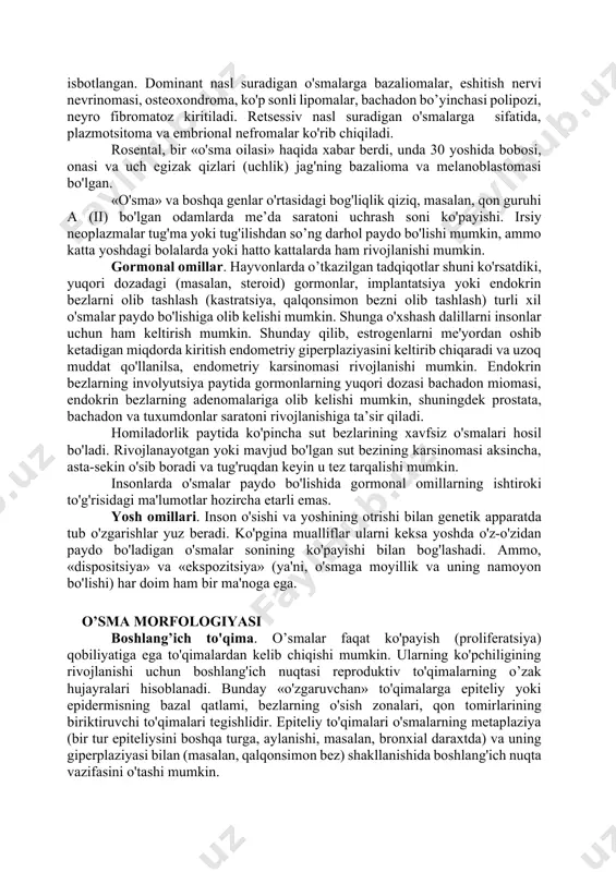 in kislotasi (dnk) viruslariga (papilloma, adenovirus va gerpes viruslari) va ribonuklein kislotasi (rnk) yoki onkornoviruslarga bo'linadi. onkornoviruslar ultra tuzilishiga ko'ra, a, b va c turlariga bo'linadi. b turidagi viruslarda ko'krak karsinomasini keltirib chiqaradigan bittner omili mavjud. leykoz va sarkomaning har xil turlari b virusidan kelib chiqishi mumkin. virusning hujayralardagi ta'siri ostida bir necha turdagi irsiy o'zgarishlar yuzaga kelishi mumkin: virusli genom normal hujayraning genomiga integratsiyasi, mutatsiyalar, epigenomik o'zgarishlar. virusli genomning integratsiyasi. bu virus dnksi normal hujayralar xromosomalarining bir yoki bir nechta dnk qismi bilan bog'lanishini anglatadi. integratsiyalashgan virusli dnk replikatsiya qilinadi va hujayraning dnksi bilan bir qatorda qiz hujayralariga uzatiladi. virusli rnkning hujayra genomiga qo'shilishidan oldin maxsus ferment - teskari transkriptaza ta'siri ostida virus genomining nusxasi bo'lgan dnk hosil bo'ladi. mutatsiyalar. mutatsiyalarning onkogenezdagi roli to'g'risidagi gipoteza 1914 yilda bovari tomonidan taklif qilingan. hozirgi vaqtda o'sma hujayralarida xromosoma tuzilishining qayta qurilishi mavjudligi haqida dalillar mavjud. miyeloidli leykoz bemorlarining deyarli 70 foizida …