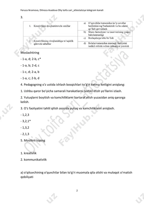 oʻqituvchining pedagogik jarayonda sogʻlom muhitni yarata olishi, o'quvchilar va ta’lim jarayonining boshqa ishtirokchilari bilan ijobiy muloqotni tashkil etishi, turli ziddiyatlarni oʻz vaqtida anglay olishi va bartaraf etishi qaysi kasbiy kompetensiyada namoyon boʻladi? - ijtimoiy - maxsus - metodik - psixologik* 7. bir o'quvchining onasi o'gʻlining xatti-harakatlarida oʻzgarish sezganligini, u qoʻpol muomalada boʻlishini, onaga nisbatan hurmatsizlik qila boshlaganini aytib, sinf rahbaridan maslahat soʻradi. oʻqituvchi oiladagi muhit bilan tanishib, bu ota- ona oʻrtasidagi munosabatlarning oqibati ekanligini aniqladi va onaga o'z maslahatlarini berdi. shu bilan birga oʻquvchining fikrlari, xohish-istaklari, qiziqishlari, intilishlarini oʻrganish hamda unga yordam berish maqsadida u bilan suhbat olib bordi. bunda oʻqituvchining ta’lim jarayoni ishtirokchilariga qanday munosabati aks etgan? - pedagogik tasavvur - pedagogik texnika - pedagogik antipatiya - pedagogik hamdardlik* 8. yosh mutaxassis hamkasbining tajribasini oʻrganish va ta’lim jarayonini tahlil qilish maqsadida uning darsini kuzatdi. dars davomida hamkasbi mavzuni feruza ikramova, dilnoza asadova oliy toifa sari_attestatsiya telegram kanali 4 oddiydan …