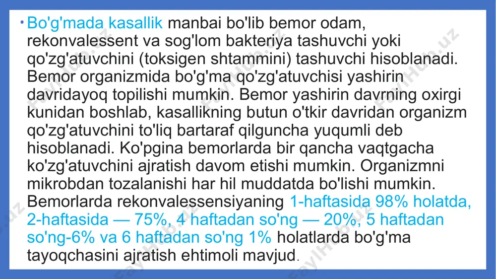 yoki boshqa zararlangan joylardan olingan material tavsiya qilingan zich ozuqa muhitlardan birining yuzasiga alohida-alohida ekiladi. ikkita bemordan olingan material bitta petri kosachasiga ekilmaydi. bo'g'ma korinobakteriyasi aniqlanganda taxminiy 48-72 soatdan keyin ajratib olingan toza kulturani toksigen va biokimyoviy xususiyatlarini o'rgangandan keyin yakuniy xulosa qilinadi, materialda bo'g’m korinobakteriyasi bor yoki yo'qligi to'g'risida, agar bor bo'lsa sistinazaga sinama natijalari toksigen shtammlar ajratilganligi haqida ma�lumot beriladi. ajratilgan kulturalarnimtoksigenlikga tekshirish bo'g'ma tashxisini tasdiqlash uchun, asosan tashxisoti qiyin va shubhali bo'lgan holatlarda hal qiluvchi ahamiyatga ega. koʻkyoʻtal koʻkyoʻtal — oʻtkir antroponoz, havo-tomchi yoʻli bilan yuquvchi bakterial infektiya hisoblanadi. harakterli belgisi pristupsimon, spazmatik yoʻtal. nafas olish yoʻlining havfli kasalligi boʻlib 2 yoshdagi bolalarda ogʻir kechadi. qo’zgatuvchisi — bordatella pertussis aerob, kapsulali, grammanfiy tayoqcha bakteriyadir. bakteriyalar koʻp miqdorda toksinlar ajratib chiqaradi va nafas yoʻllarining shilliq qavatini zararlaydi. nafas yoʻllarining shilliq qavatida koʻpayadi, kasallik simptomlariga sabab boʻladi. 40 % hollarda kasallik oʻtkir bronhit tarzida kechishi mumkin. inkubatsion davri 7-14 …