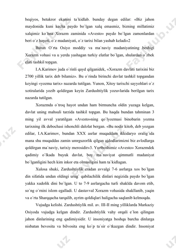 estoda «mazdayasna» dini deb atalgan. bu so`zni «mazdaga sig`inmoq» deb tarjima qilish mumkin. «mazda» so`zi «donish, donishmand, oqil» kabi talqin etiladi. zardushtiylik yana «behdin», ya`ni «eng yaxshi din» deb ham ulug`langan. uning ta`limotiga ko`ra, barcha ezgu borliq mazdaning irodasi bilan yaratilgan. «mazda» so`zi oldiga ulug`lash ma`nosini anglatuvchi «axura» qo`shilib, zardushtiylikning ilohiyati – axura-mazda nomi paydo bo`lgan. bu – «janob mazda» yoki «iloh» demakdir. zardusht nomi tadqiqotlarda zaratushtra, zarduts, zoroatsr ko`rinishlarida ham ishlatiladi. tadqiqotchilar o`rtasida zardushtning tarixda bo`lgan yoki bo`lmaganligi borasida turli fikrlar mavjud. ba`zilar uni tarixiy shaxs deb bilsalar, boshqalar afsonaviy shaxs deb hisoblaydilar. manbalarning xabar berishicha, u taxminan mil. av. 1200-570 yillar orasida yashagan ilohiyotchi, faylasuf, shoirdir. tadqiqotchi m. boys ta`kidlashicha, u mil. av. 1500-1200 yillar orasida yashagan. zardusht markaziy osiyo hududida mavjud bo`lgan ko`pxudolikka negizlangan qadimiy diniy tasavvur va e`tiqodlarni isloh qilib, yangi dinga asos soldi. zardushtning tug`ilgan va ilk diniy faoliyatini boshlagan joyi xususida ikki xil qarash …