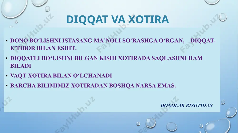 , sariq, qora, qizil, olovrang, jigarrang.​ mashq №4 "tekis chiziq" mashqi uch daqiqa davomida qogʻozga qalam yordamida bir maromda va tekis chiziq chizishni davom eting va butun fikr va eʻtiboringizni faqat unga, yaʼni chizayotgan chiziqqa qarating. chalgʻiyotganingizni sezsangiz chizayotgan chizigʻingizni kardiogrammadagi chiziq kabi yuqoriga qarab kichik choʻqqi hosil qiling va chizishda davom eting. soʻng ,mashq tugagach natijalarga asoslanib, chalgʻitadigan narsalar sonini hisoblang. choʻqqilar qanchalik kam boʻlsa, sizda konsentratsiyaning (diqqqtning) darajasi yaxshi. xotira xotira biz koʻrgan, eshitgan, aytgan va bajargan narsalarni eslab qolish, barchasini saqlash va kerakli vaqtda takrorlash qobiliyatidir. yodlash, saqlash, tanib olish, takrorlash xotiraning asosiy vazifalari hisoblanadi. xotira eshitish vizual vosita hissiy mantiqiy xotira xotira boshqa funksiyalar singari mehnat va mashgʻulotlar orqali rivojlanadi. xotirani qanday mashq qilish kerak yomon xotira koʻpincha yomon eʼtiborning natijasidir. vaziyatni vizual ravishda tasavvur qilish yoki oʻylash, yangi tafsilotlarni aniqlash, vazifani turli tomonlardan koʻrib chiqish, oʻzingizni boshqa odamlarning oʻrniga qoʻyish. uxlashdan oldin kunlik voqealarni iloji …
