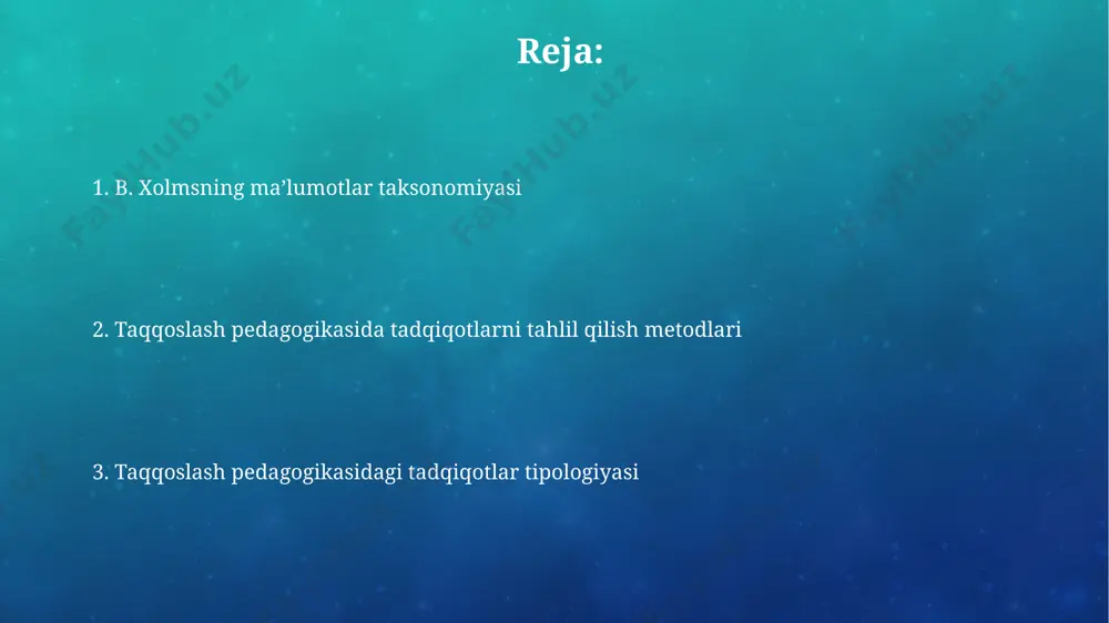 bog'liq muammolar paydo bo'lishi mumkin. b. xolmsning taksonomiyasi, 20 dan ortiq mamlakatlarning ta'lim tizimlarini solishtirishda foydali bo'lib, 3 ta asosiy ma'lumot to'plash usullarini (savollar, kuzatishlar, hujjatlar) taklif qiladi, ammo uning murakkabligi ba'zi tadqiqotchilar uchun qiyinchilik tug'dirishi mumkin. ma'lumotlar tahlili usullari б. холмс томонидан ишлаб чиқилган маълумотлар таксономиясига кўра, 200 дан ортиқ ўқувчиларнинг 3 та гуруҳга бўлинган натижаларини таҳлил қилишда, частоталик таҳлили ва хи квадрат текшириш методларидан фойдаланиш мумкин. маълумотларни таҳлил қилишда, масалан, ўзбекистоннинг 5 та вилоятидан олинган 100 та ўқитувчининг жавобларини саралашда, кўп ўлчовли шкалали таҳлил ва корреляцион тадқиқотлардан фойдаланиш самарали бўлади. miqdoriy tadqiqotlar 2022 йилда ўтказилган миқдорий тадқиқотда, самарқанд ва бухоро вилоятларидаги 350 нафар ўқувчининг академик кўрсаткичларини ўлчаш учун тестлардан фойдаланилган ва натижалар корреляция таҳлилига солинган. миқдорий тадқиқотларда, масалан, ўзбекистоннинг 5 та вилоятидаги 2000 дан ортиқ ўқитувчининг ўқитиш услубларини баҳолаш учун социометрик усуллардан фойдаланиш кўзда тутилган бўлиши мумкин. aralash usuldagi tadqiqotlar samarqand viloyatining 3 ta qishloq maktabida o'tkazilgan aralash …