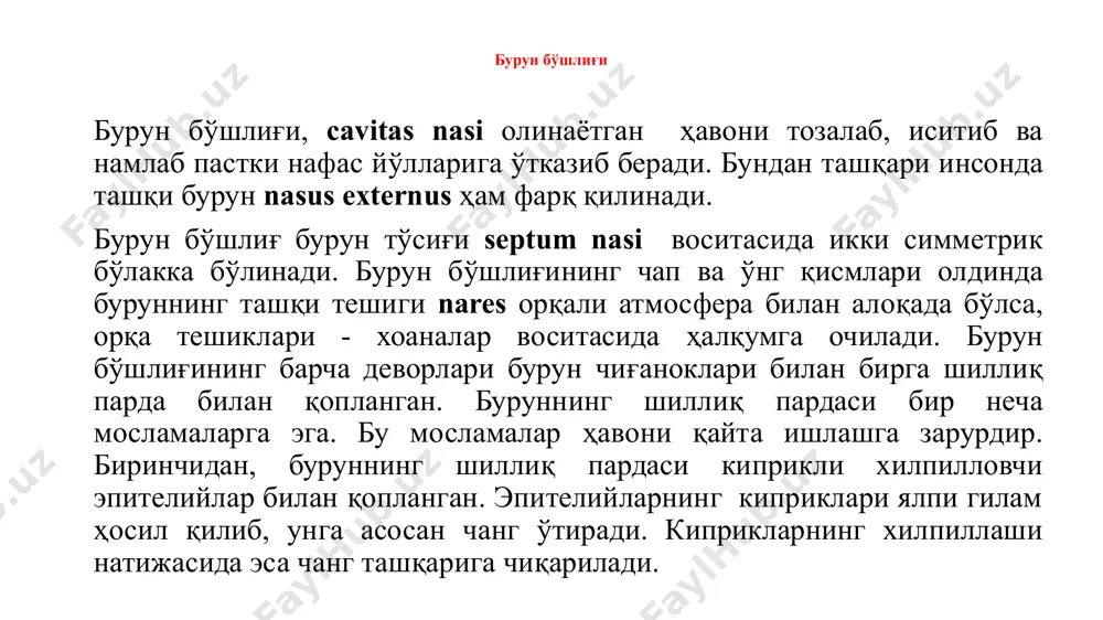 омонда бурчак ҳосил қилиб бир-бири билан битишиб кетган. ўрта чизиқда юқори қиррасида кемтиги incisura thyroidea superior бор. ҳар бир пластинканинг орқа қалинлашган қисми иккита – юқори ва пастки шохларни cornu superius et inferius ларни ҳосил қилади. пластинкаларнинг ташқи юзасида қийшиқ чизиқ бўлиб, linea obliqua, бунга m. sternothyroideus ёпишади. ҳиқилдоқ усти тоғайи epiglottis s. cartilago epiglottica, барг шаклидаги эластик тоғайдан иборат. бу тоғай ҳиқилдоққа кириш тешик aditus laryngis нинг олд томонида, тил илдизидан орқада туради.бу тоғай пастга ингичкалашиб, тоғайнинг поясини ҳосил қилса, юқорига борган сари кенгайиб барг шаклида тугайди. ботиқроқ орқа юзаси ҳиқилдоқ кириш тешигига қараса, олдинги юзаси тилга қараб туради. ҳиқилдокнинг жуфт тоғайлари. чўмичсимон тоғайлар cartilagines arytenoideae, овоз бойламлари ва мускулларига бевосита алоқадор. уларнинг шакли пирамида шаклида. унинг асоси, basis, учи арех бор. олд ён томонлари кенг. тоғайнинг асосида иккита ўсиқ кетган: 1) олдинги ўсиқ (эластик тоғайдан иборат) овоз бойламлари бирикишига хизмат қилади ва processus vосalis овоз ўсиғи деб аталади …