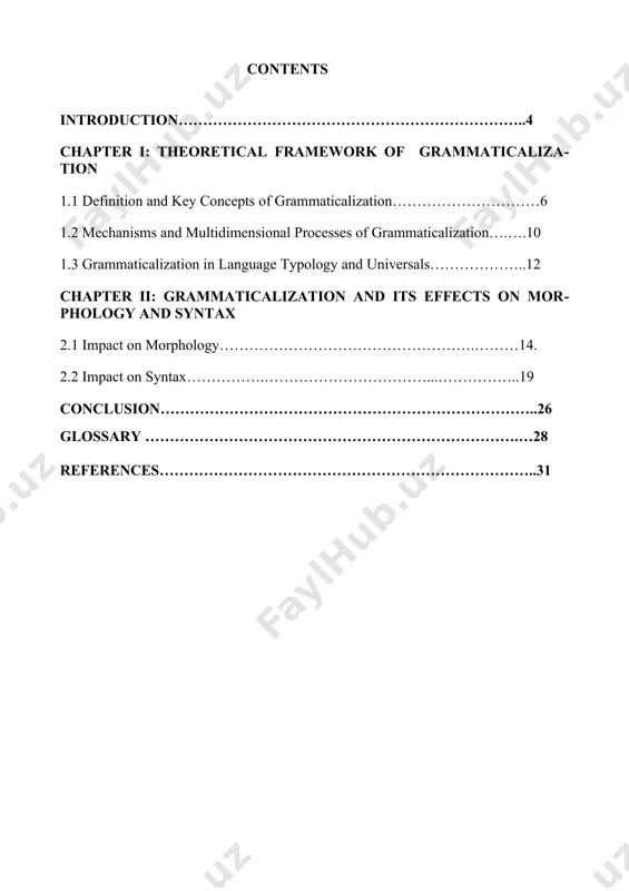role in morphosyntactic changes across different language types. the inclusion of case studies and comparative examples adds a modern and comprehensive view to the theoretical understanding of grammaticalization. object of the study the object of the study is the grammaticalization process as a fundamental phenomenon in language evolution. subject of the study the subject of the study includes the morphological and syntactic changes resulting from grammaticalization processes in various languages. theoretical value of the study the theoretical significance of this research lies in its contribution to historical linguistics and grammatical theory, offering an in-depth understanding of the interplay between morphology, syntax, and grammaticalization. it also enriches linguistic typology by demonstrating cross-linguistic patterns. practical value of the study the practical value of this paper is reflected in its applicability to language teaching, historical linguistics, and comparative studies. the findings can assist linguists, educators, and researchers in analyzing language change and understanding …