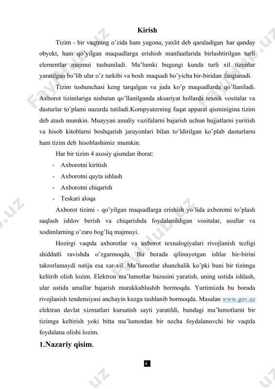 ala tahlil etiladi, qaysi usuldan, formuladan foydalangan holda masalaning yechimi topish mumkinligi o`rganiladi. loyihaga qo`yilgan talablar o`rganiladi. foydalanuvchi va loyiha muloqotini ta’minlovchi dialog oynasi yaratiladi. 2. algoritm ishlab chiqish. bu bosqichda natija olish uchun buyruqlar ketma ketligi ishlab chiqiladi. agar natijani bir nechta usullar yordamida olish mumkin bo`lsa dasturchi eng optimal algortimni tanlashi kerak. bu bosqichning natija algoritmik tilda yozilgan buyruqlar ketma ketligi yoki blok-sxema bo`lishi mumkin. 3. loyihalashtirish tilida algoritmni yozish. loyihaga qo`yilgan talablar o`rganilib, masalani hal qilish algoritmi tuzilgandan keyin biror bir dasturlashtirish tiliga algoritm o`giriladi. natijada dastur kodi hosil bo`ladi. 4. otladka. otladka – bu xatolarni topish va tuzatish bosqichidir. loyihada xatoliklar ikki xil bo`lishi mumkin: sintaksis (matndagi xatolik) yoki algoritmik. sintaksis xatoliklar oson tuzatiladi. algoritmik xatoliklarni tuzatish qiyinroq. loyiha bir necha xil qiymatlarda to`g`ri ishlasa otladka oxiriga yetgan hisoblanadi. 5. testdan o`tkazish. loyiha boshqa foydalanuvchilarga mo`ljallanib tuzilgan bo`lsa, testdan o`tkazish bosqichi muhimdir. bu bosqichda o`zgaruvchilarga katta …