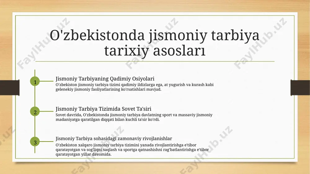 eradi, semizlikning xavfi kamayadi va umumiy fitnes darajasini oshiradi. mental yaxshi bo'lish jismoniy tarbiya bilan shug'ullanganlik o'zbekiston yoshlarida stress, xavotir va depressiyani kamaytirib, yaxshi ruhiy salomatlikni ta'minlaydi. akademik natijalar tadqiqotlar ko'rsatishicha, jismoniy faoliyat o'zbekistondagi maktab o'quvchilari uchun kognitiv funksiyani, diqqat doirasi va akademik muvaffaqiyatni yaxshilay oladi. ijtimoiy ko'nikmalar va jamoa bilan ishlash umumiy ko'nikmalar va jamoa bilan ishlash jismoniy tarbiya o'zbekistondagi yoshlar uchun kommunikatsiya, hamkorlik va jamoa bilan ishlash kabi muhim ijtimoiy ko'nikmalarini rivojlantirish imkoniyatlarini taqdim etadi. maktablarning jismoniy tarbiyani rivojlantirishdagi o'rinlari 1 2 3 fiziksel ta'limni darslikka integratsiya qilish sport vositalari va jihozlariga kirishni ta'minlash jismoniy faoliyat va sog'lik madaniyatini rivojlantirish maktablar uni kundalik jadvalga qo'shib, jismoniy tarbiyani ta'lim etish, mashg'ulotlar tashkil etish orqali jismoniy tarbiyani rivojlantirishlari mumkin. maktablar sport vositalari, jihozlar va malakali o'qituvchilarga kirish imkoniyatini taqdim etish orqali jismoniy tarbiyani rivojlantirishda aham rol o'ynaydi. maktablar o'quvchilarni qo'shimcha sport turlarida, fitnes mashqlarida va sog'lik dasturlarida ishtirok etishni rag'batlantirib, …