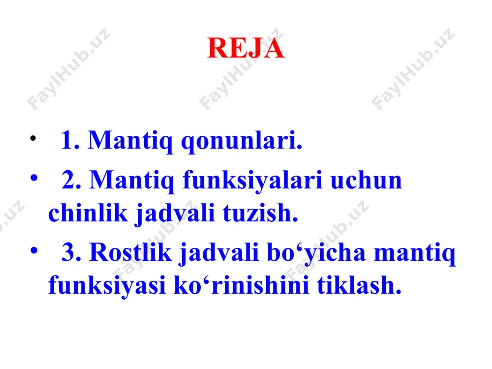 bo‘lgan, boshqa imkoniyatlarda esa 0 ga teng bo‘lgan formulalarni yozib chiqamiz. buning uchun 1 ga teng bo‘lgan qatordagi fikr o‘zgaruvchilari qiymatlarini 1(rost) ga aylantirib, fikr o‘zgaruvchilari kon’yunksiyasini olish lozim. 2-qator uchun: ⌐a&⌐b&c; 6-qator uchun: a&⌐b&c; 8-qator uchun: a&b&c bo‘ladi. agar qatorlar bo‘yicha olingan formulalar diz’yunksiyasi olinsa hosil bo‘lgan formula qidirilayotgan formula bo‘ladi: α=α(a,b,c)= ⌐a&⌐b&c\/a&⌐b&c\/a&b&c (1) rostlik jadvalida α=α(a,b,c) formula 0 ga teng bo‘lgan qator nomerlarini yozib chiqamiz. 1-qator 3-qator 4-qator 5-qator 7-qator har bir qator mantiqiy imkoniyatlaridagina 0 ga teng bo‘lgan, boshqa imkoniyatlarda esa 1 ga teng bo‘lgan formulalarni yozib chiqamiz. buning uchun 0 ga teng bo‘lgan qatordagi fikr o‘zgaruvchilari qiymatlarini 0(yolg‘on) ga aylantirib, fikr o‘zgaruvchilari diz’yumksiyasini olish lozim. shunda 1-qator uchun: a\/b\/c; 3-qator uchun: a\/b\/ ⌐c; 4-qator uchun: a\/⌐b\/⌐c; 5-qator uchun: ⌐a\/b\/c; 7-qator uchun: ⌐a\/⌐b\/c bo‘ladi. agar qatorlar bo‘yicha olingan formulalar kon’yunksiyasi olinsa, hosil bo‘lgan formula qidirilayotgan formula bo‘ladi. α=α(a,b,c)=(a\/b\/c)&(a\/b\/ ⌐c)& &(a\/⌐b\/⌐c)&(⌐a\/b\/c)&(⌐a\/⌐b\/c) (2)